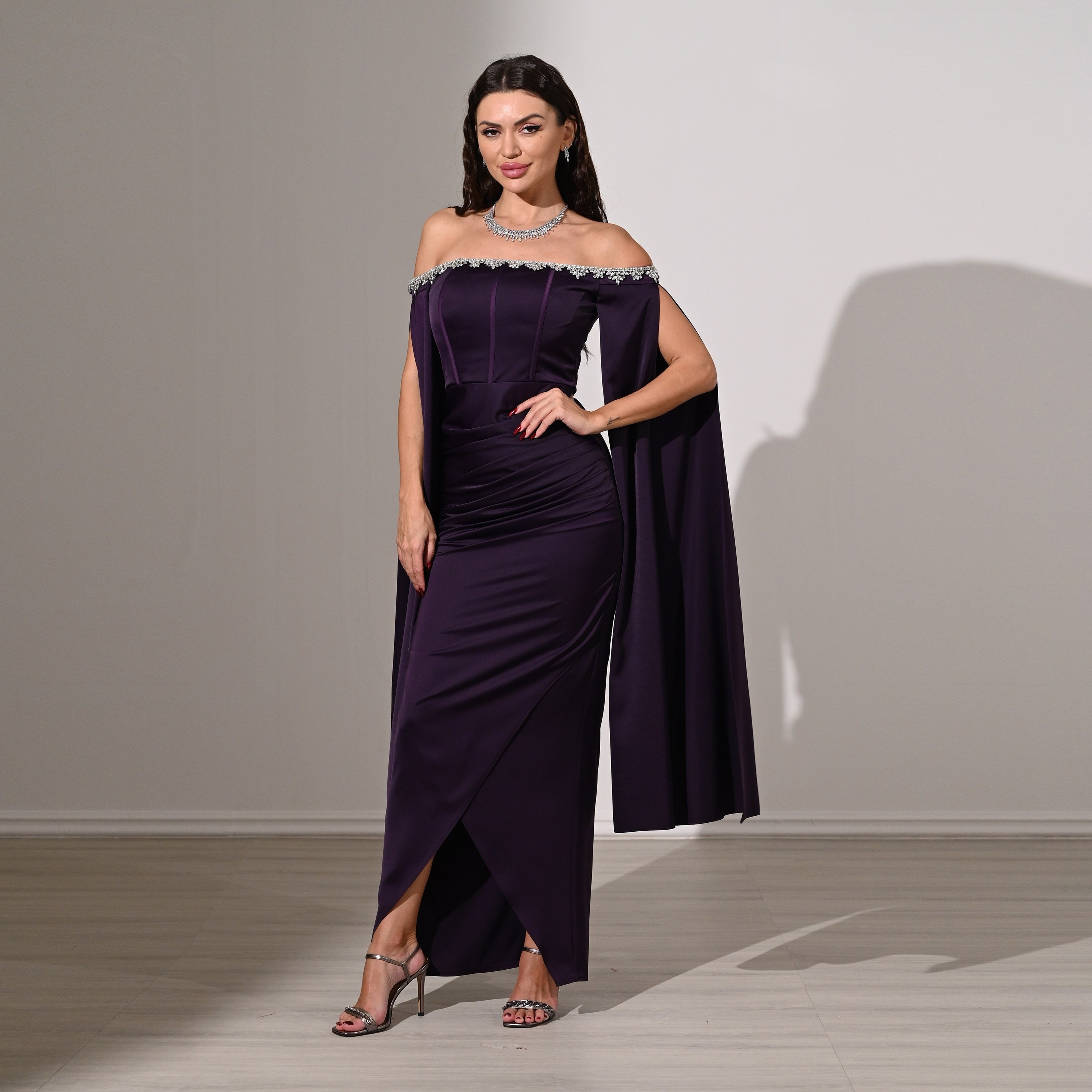 Akadia Draped & Crystal Detail Satin Off-Shoulder Cape Sleeves Tulip Evening Women's Maxi Dress-women-clothing-dresses-image-12