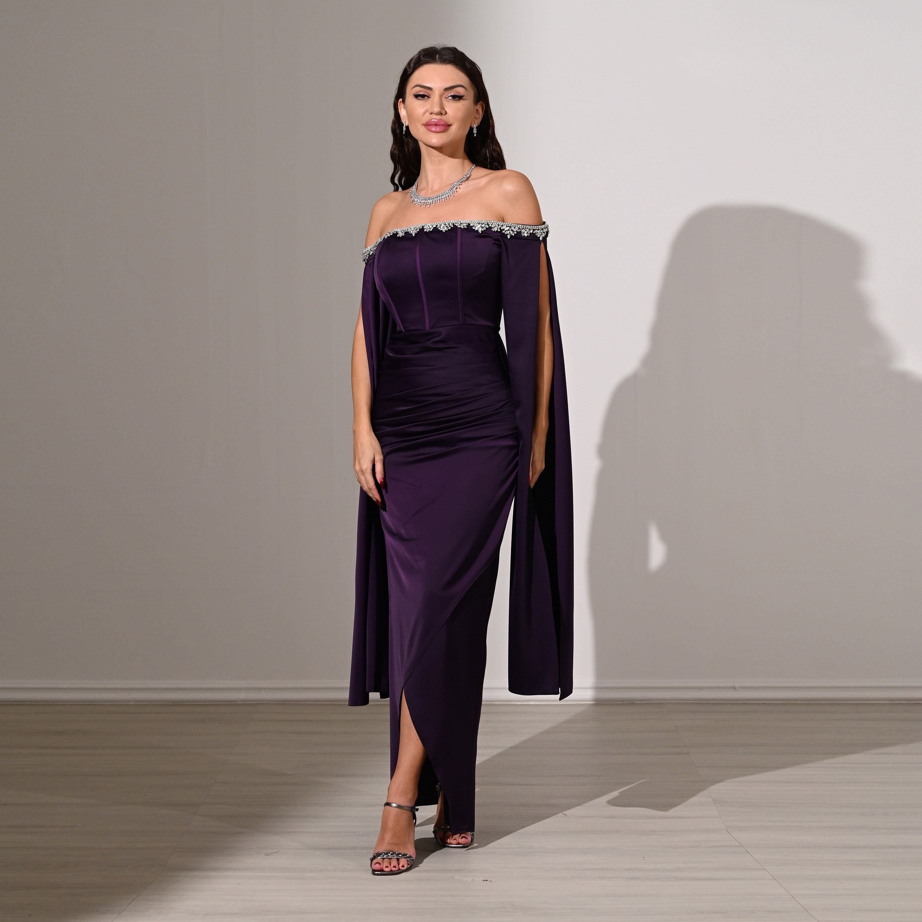 Akadia Draped & Crystal Detail Satin Off-Shoulder Cape Sleeves Tulip Evening Women's Maxi Dress-women-clothing-dresses-image-13