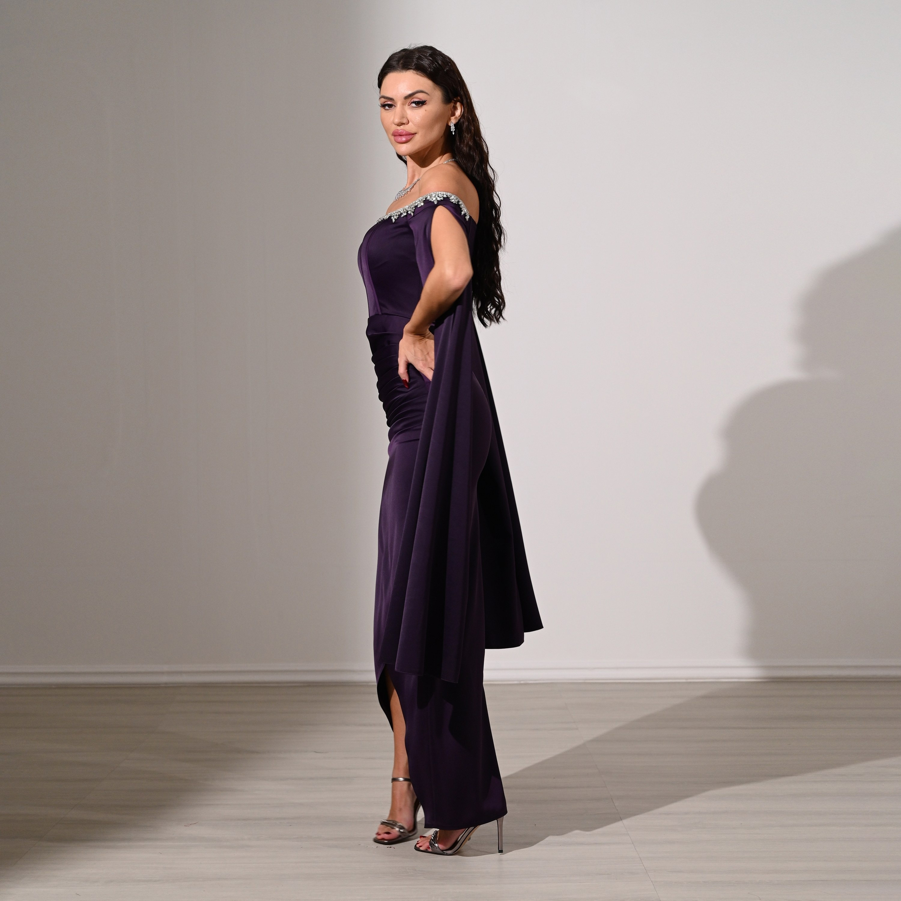 Akadia Draped & Crystal Detail Satin Off-Shoulder Cape Sleeves Tulip Evening Women's Maxi Dress-women-clothing-dresses-image-14
