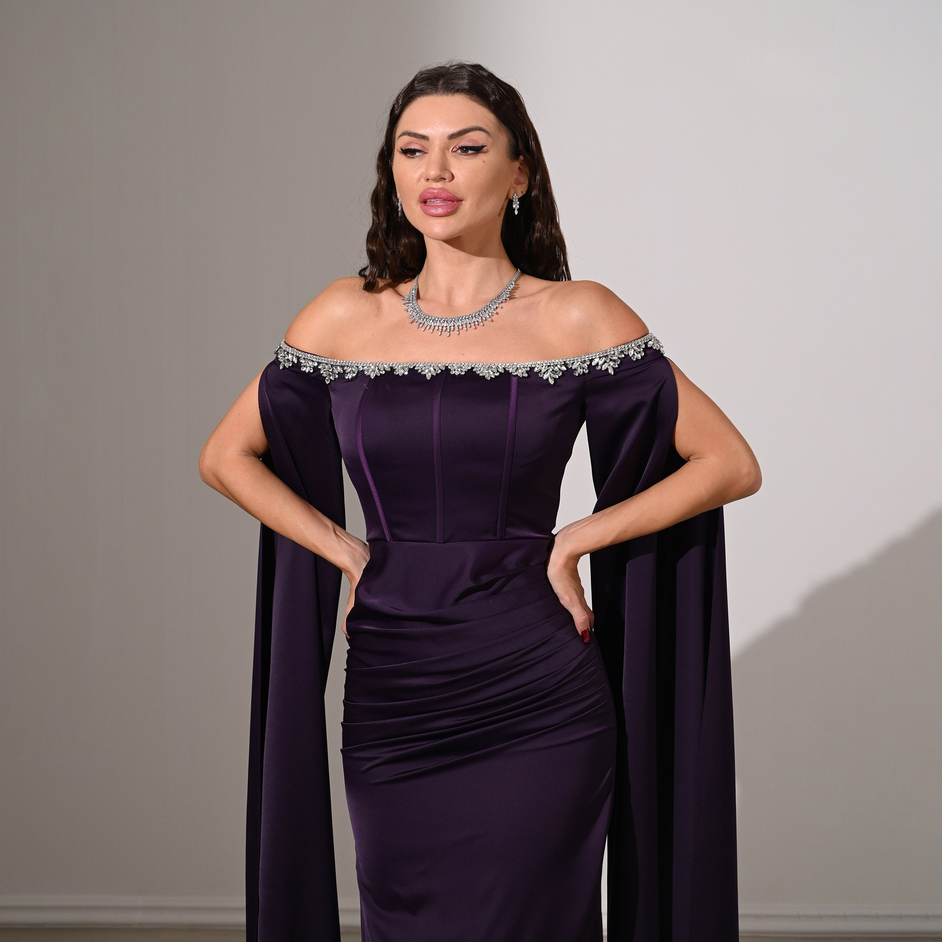 Akadia Draped & Crystal Detail Satin Off-Shoulder Cape Sleeves Tulip Evening Women's Maxi Dress-women-clothing-dresses-image-15