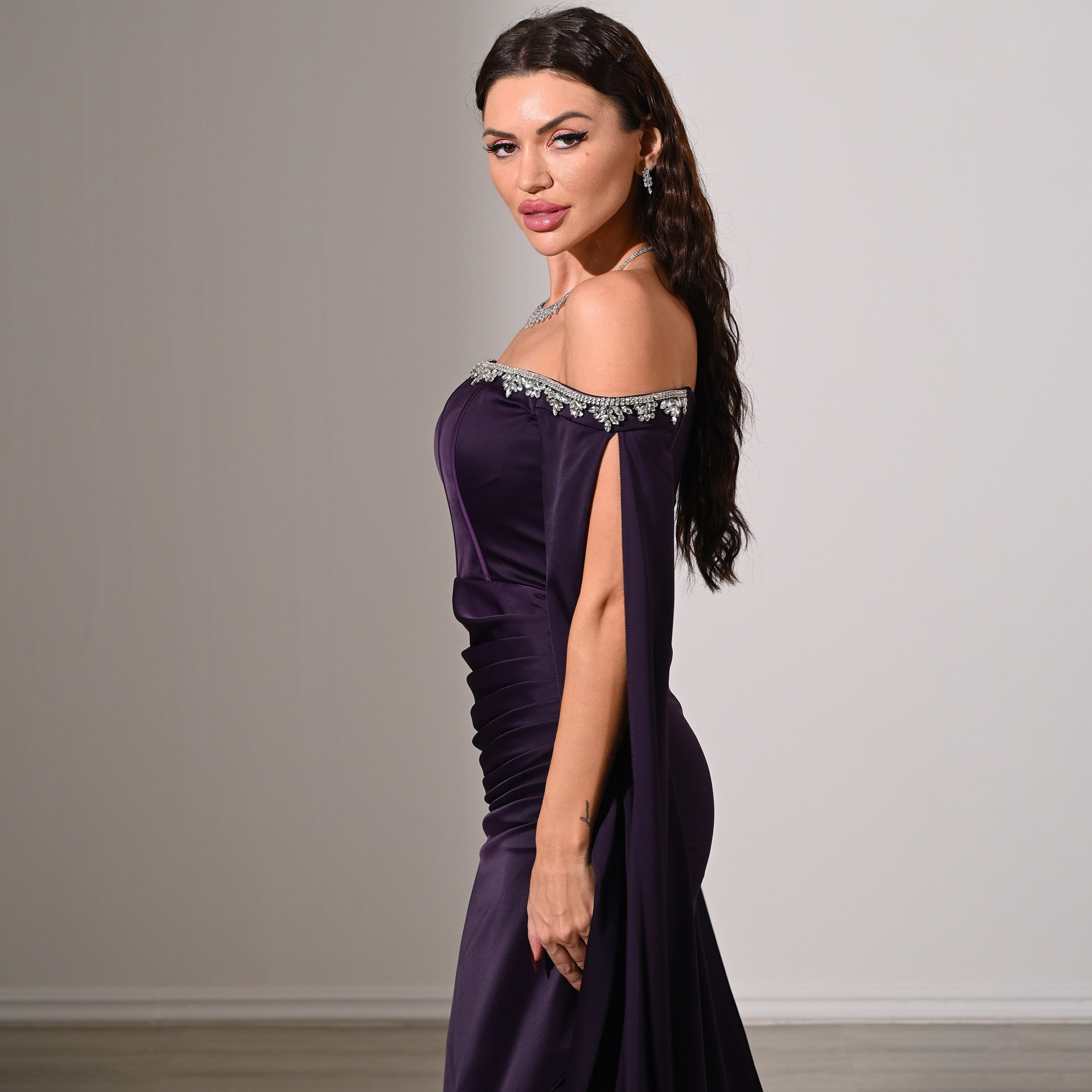 Akadia Draped & Crystal Detail Satin Off-Shoulder Cape Sleeves Tulip Evening Women's Maxi Dress-women-clothing-dresses-image-16