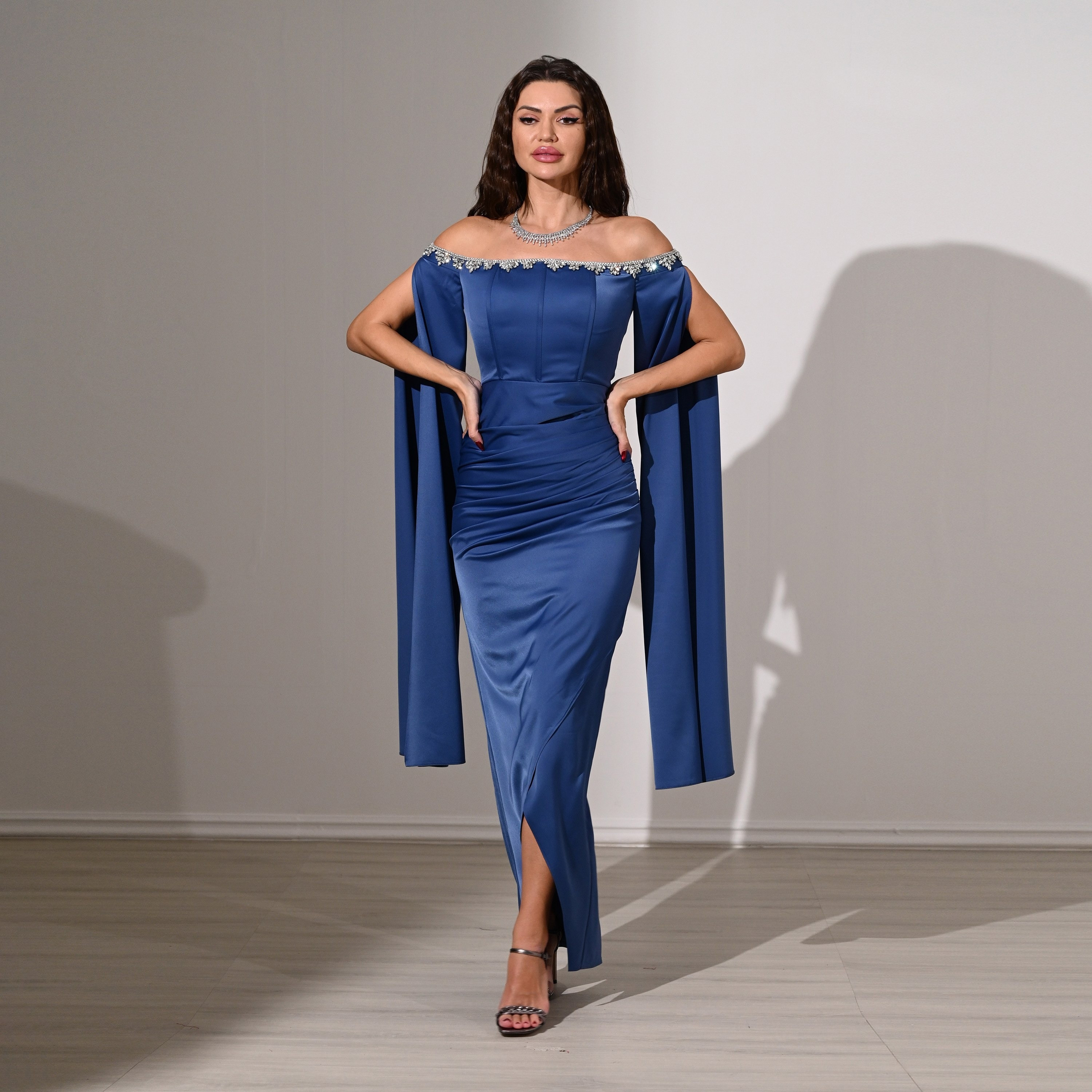 Akadia Draped & Crystal Detail Satin Off-Shoulder Cape Sleeves Tulip Evening Women's Maxi Dress-women-clothing-dresses-image-17
