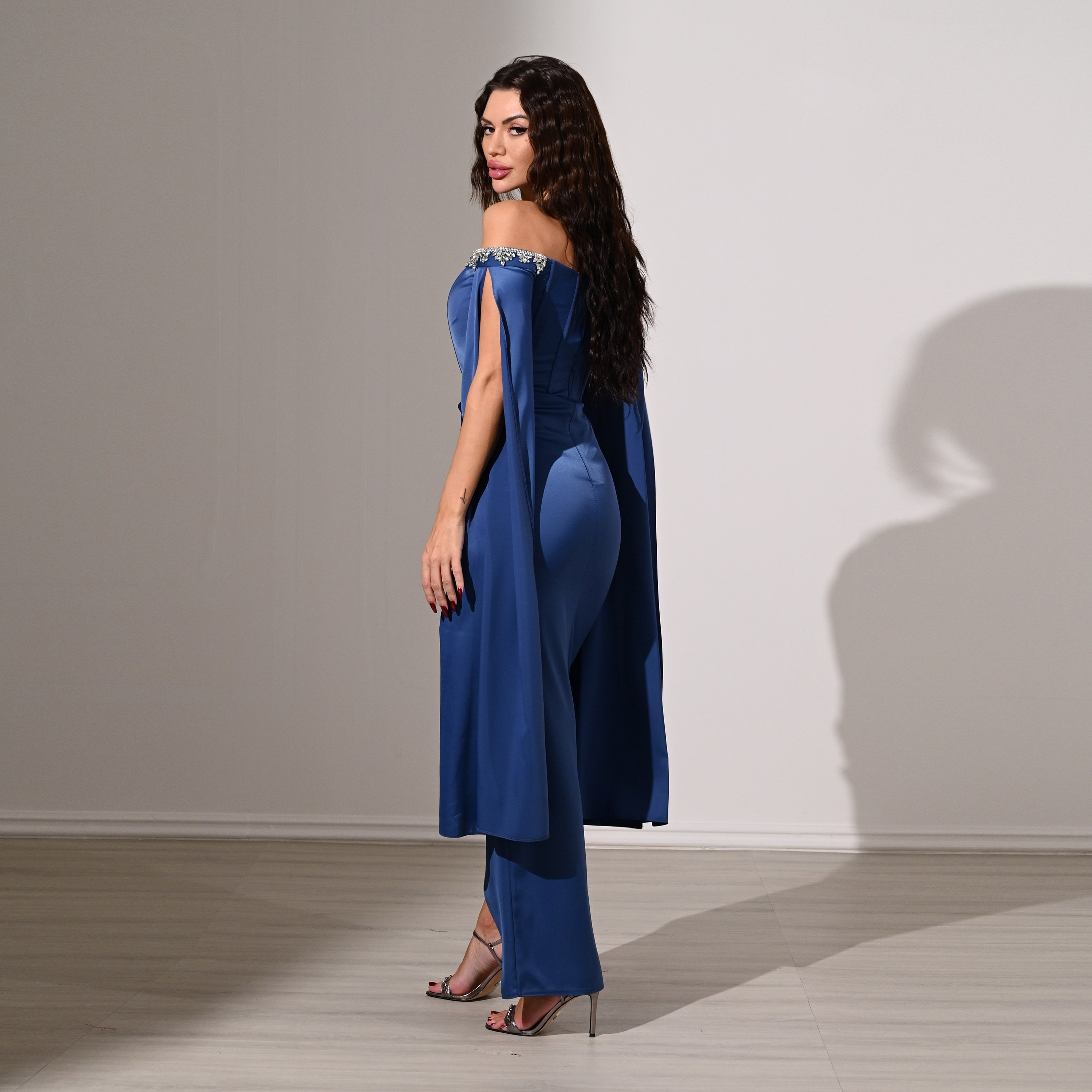 Akadia Draped & Crystal Detail Satin Off-Shoulder Cape Sleeves Tulip Evening Women's Maxi Dress-women-clothing-dresses-image-19