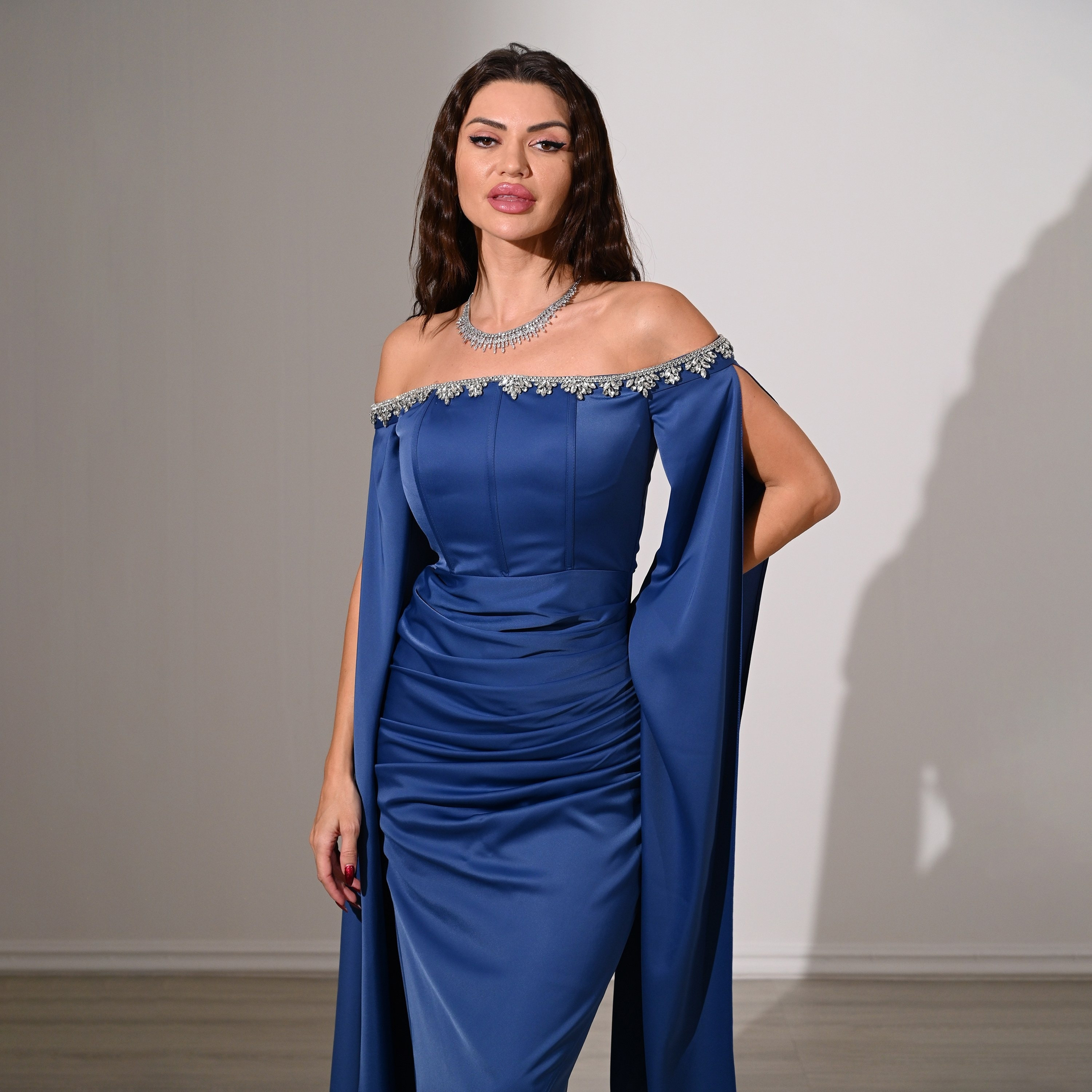 Akadia Draped & Crystal Detail Satin Off-Shoulder Cape Sleeves Tulip Evening Women's Maxi Dress-women-clothing-dresses-image-20