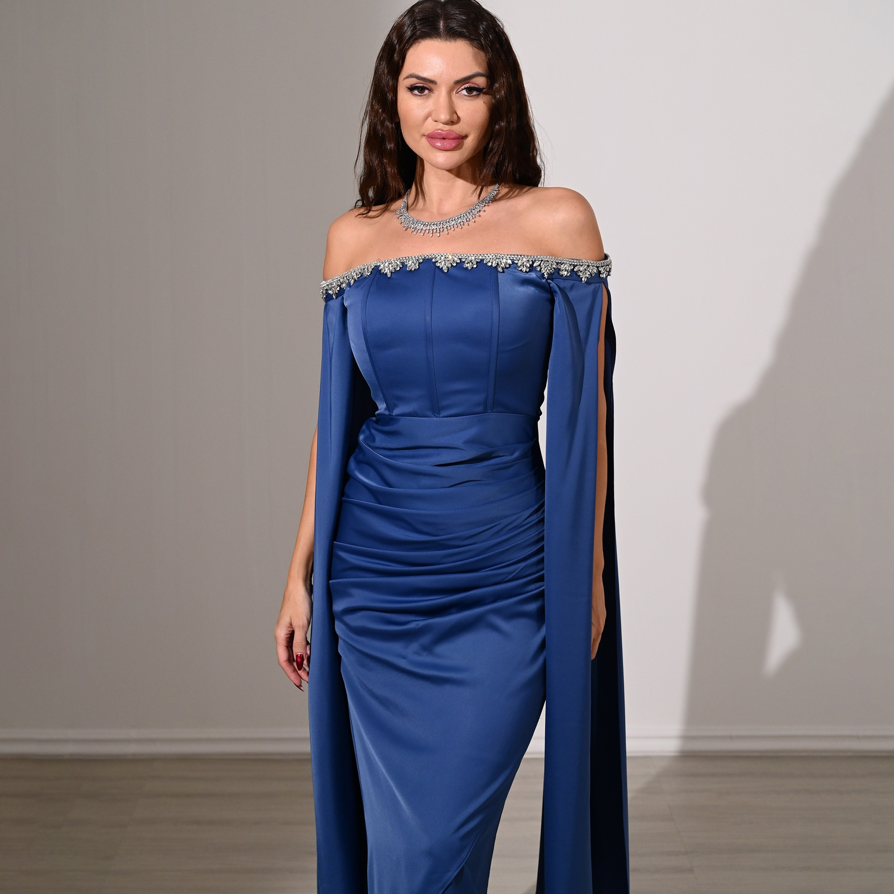 Akadia Draped & Crystal Detail Satin Off-Shoulder Cape Sleeves Tulip Evening Women's Maxi Dress-women-clothing-dresses-image-21