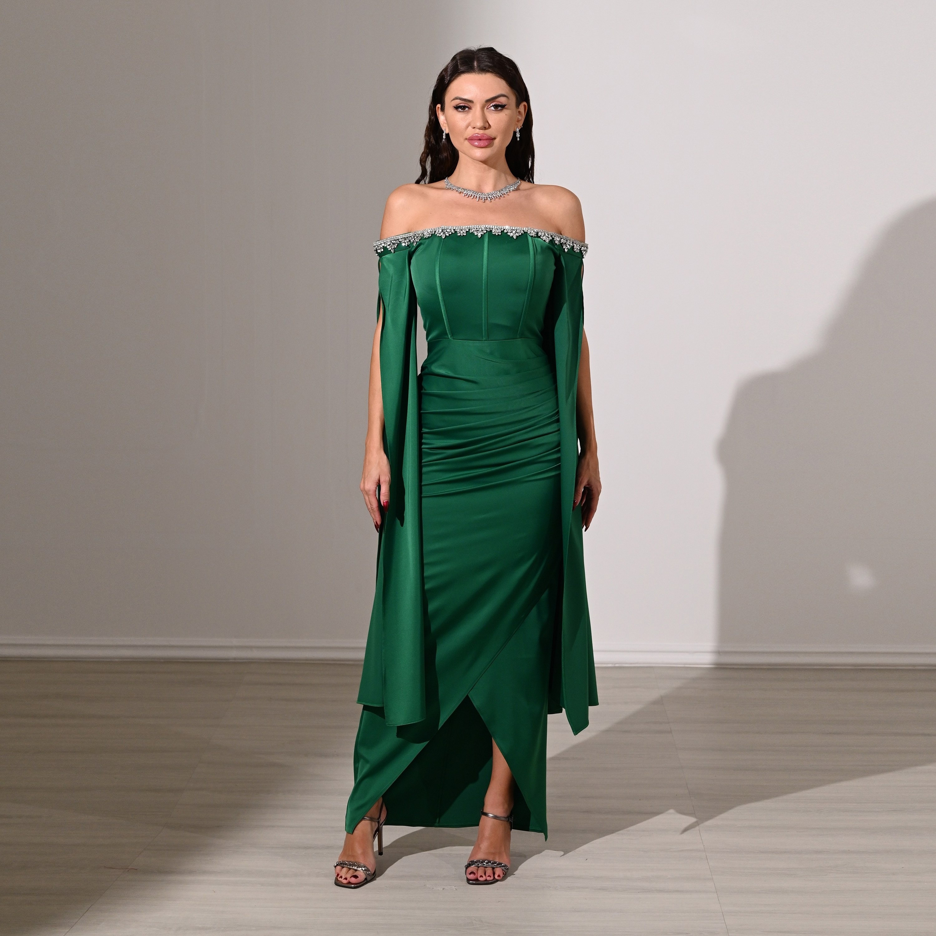 Akadia Draped & Crystal Detail Satin Off-Shoulder Cape Sleeves Tulip Evening Women's Maxi Dress-women-clothing-dresses-image-1
