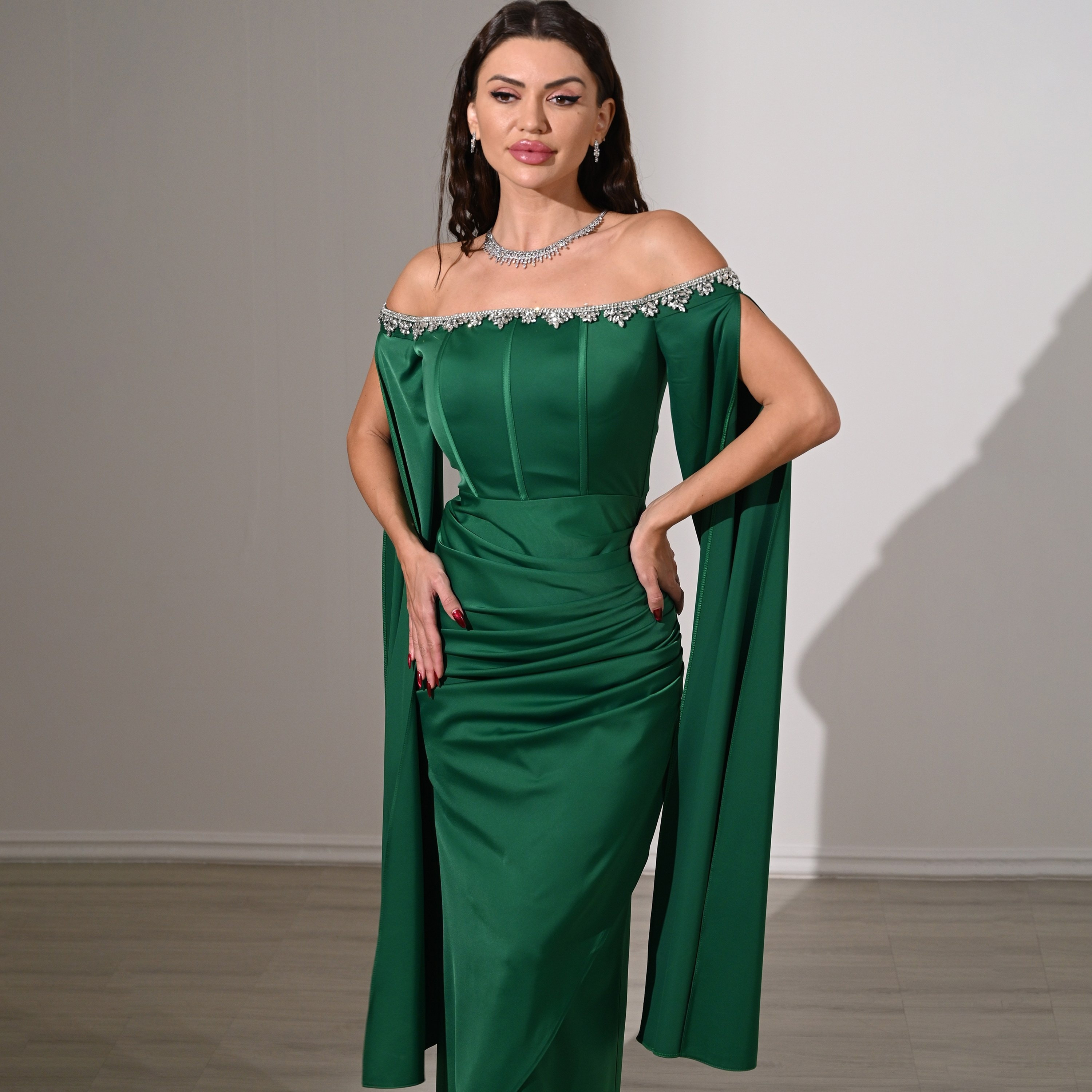 Akadia Draped & Crystal Detail Satin Off-Shoulder Cape Sleeves Tulip Evening Women's Maxi Dress-women-clothing-dresses-image-2