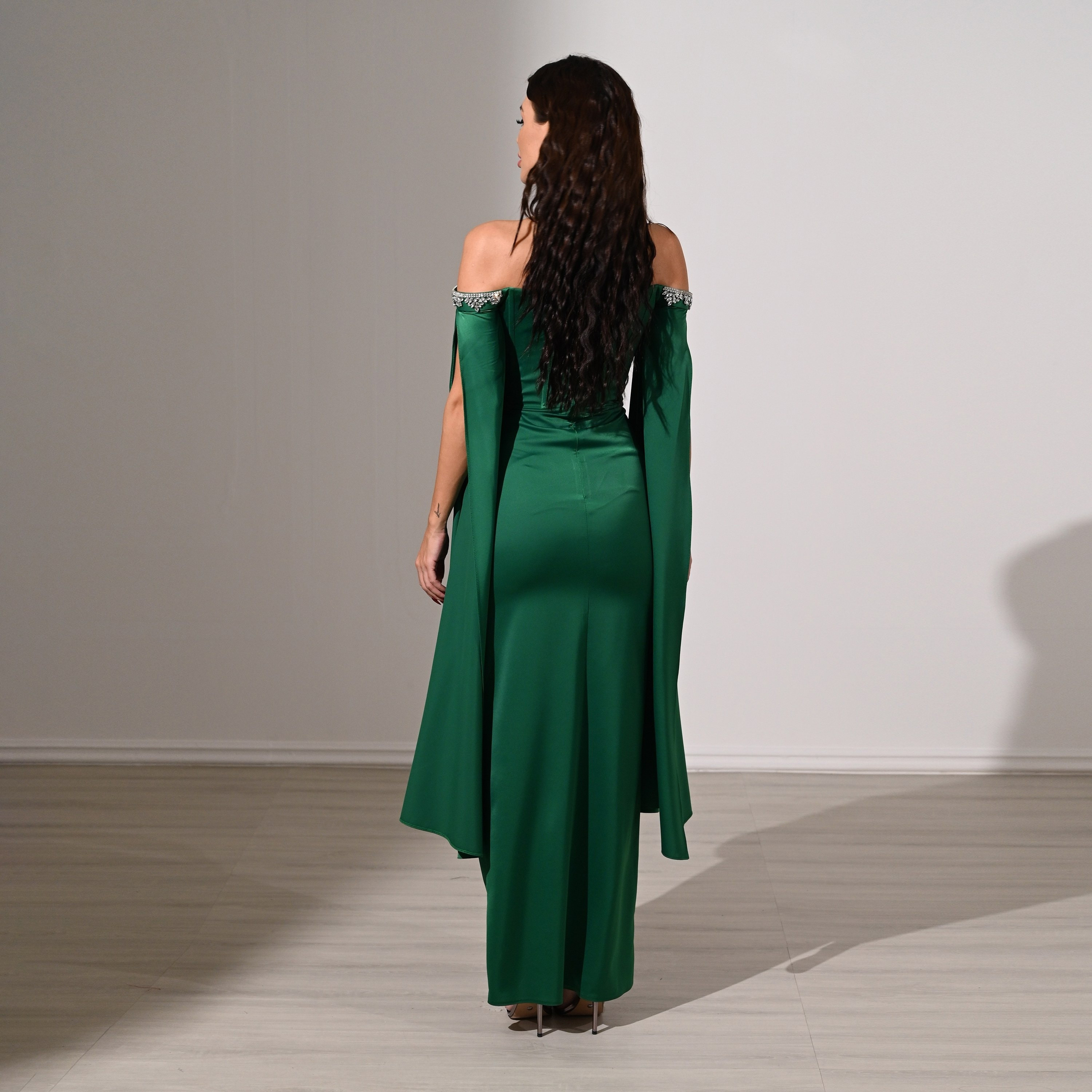 Akadia Draped & Crystal Detail Satin Off-Shoulder Cape Sleeves Tulip Evening Women's Maxi Dress-women-clothing-dresses-image-3