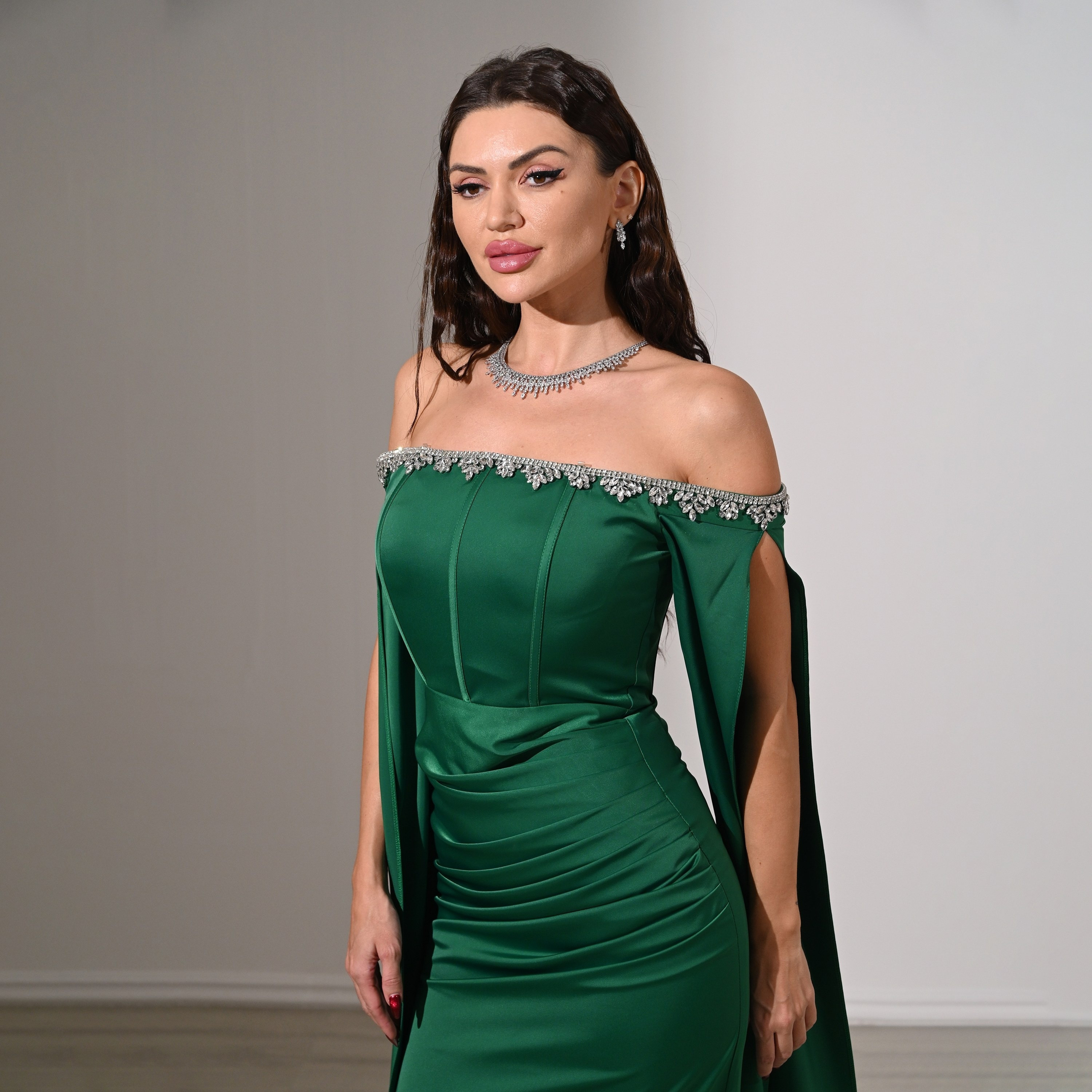 Akadia Draped & Crystal Detail Satin Off-Shoulder Cape Sleeves Tulip Evening Women's Maxi Dress-women-clothing-dresses-image-4
