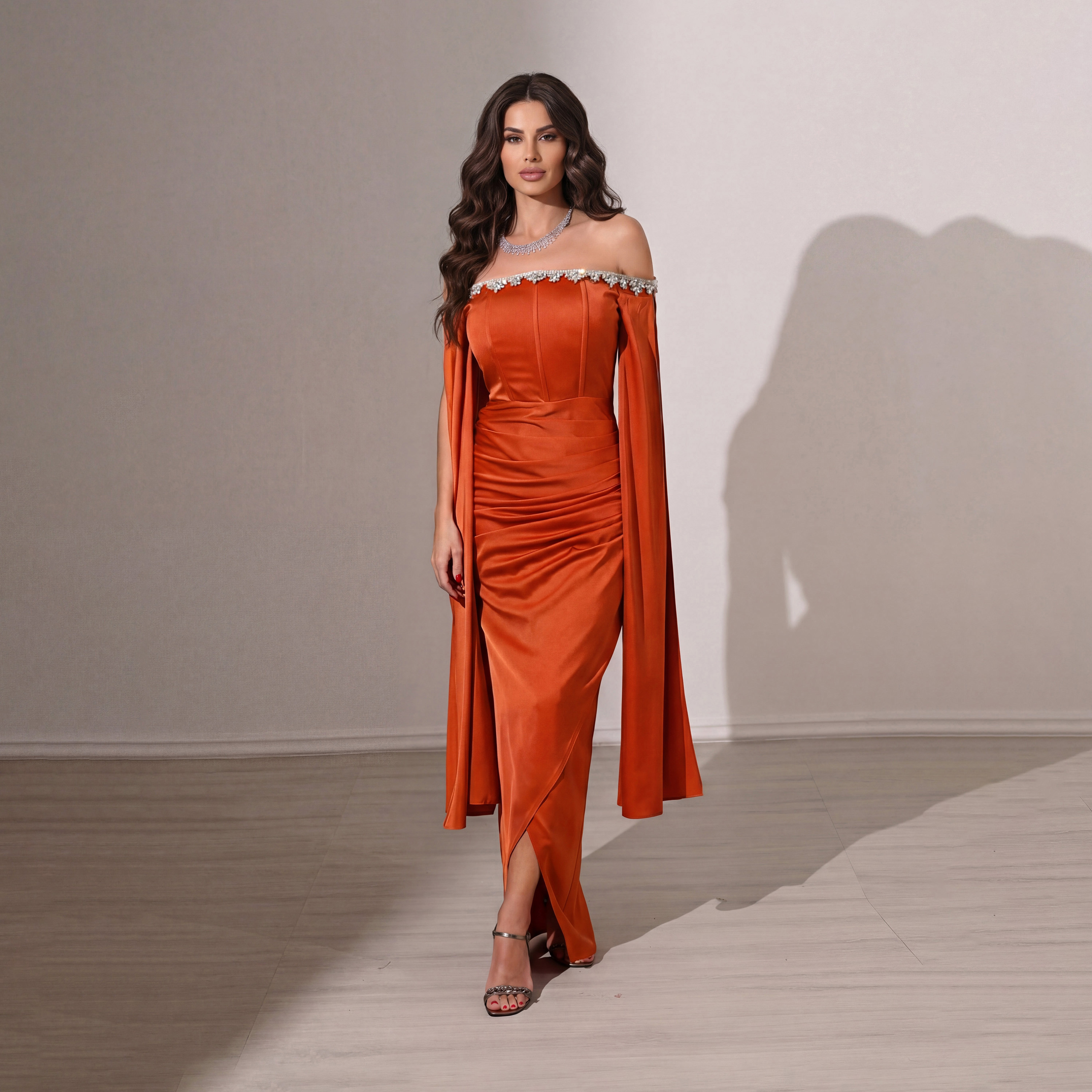 Akadia Draped & Crystal Detail Satin Off-Shoulder Cape Sleeves Tulip Evening Women's Maxi Dress-women-clothing-dresses-image-1