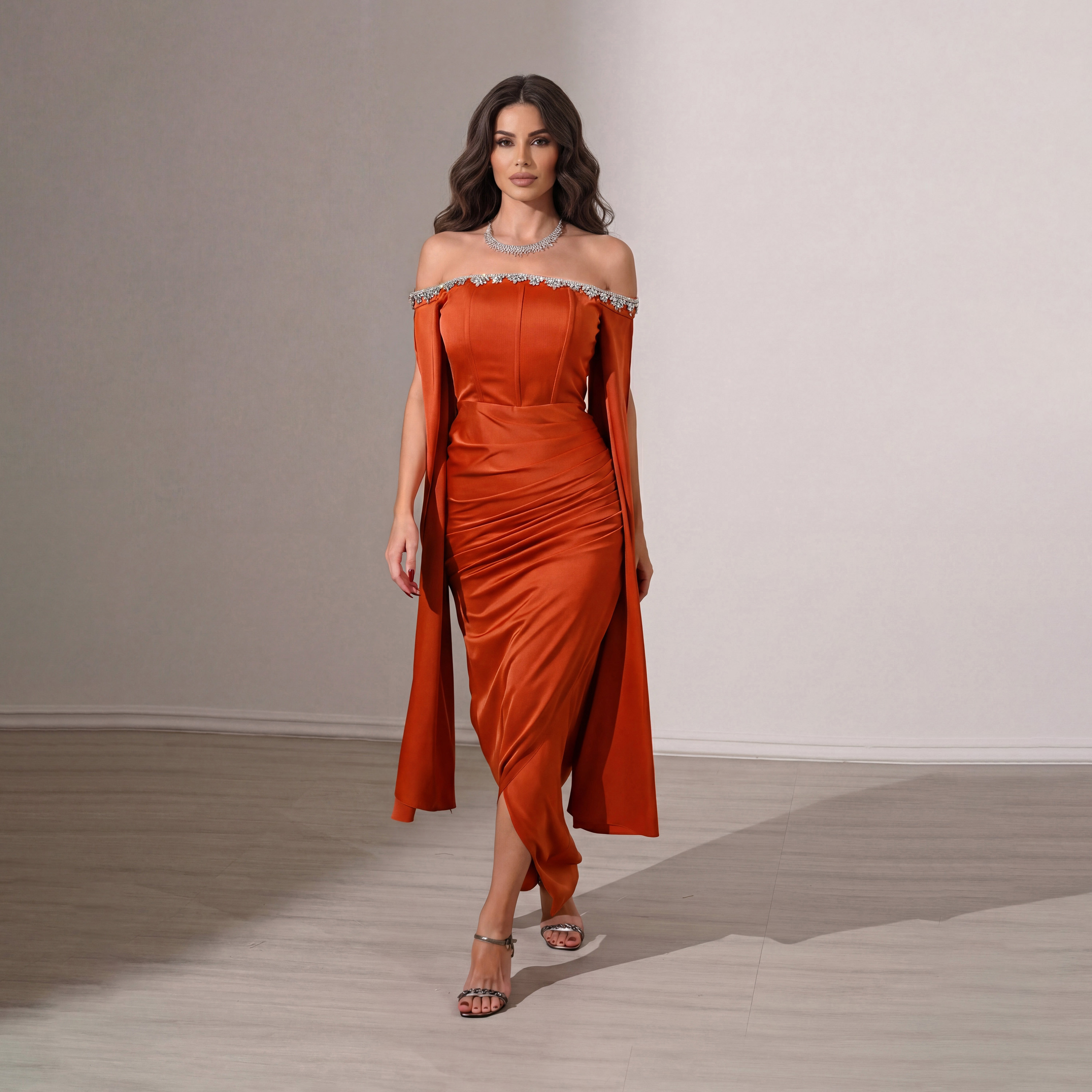 Akadia Draped & Crystal Detail Satin Off-Shoulder Cape Sleeves Tulip Evening Women's Maxi Dress-women-clothing-dresses-image-2