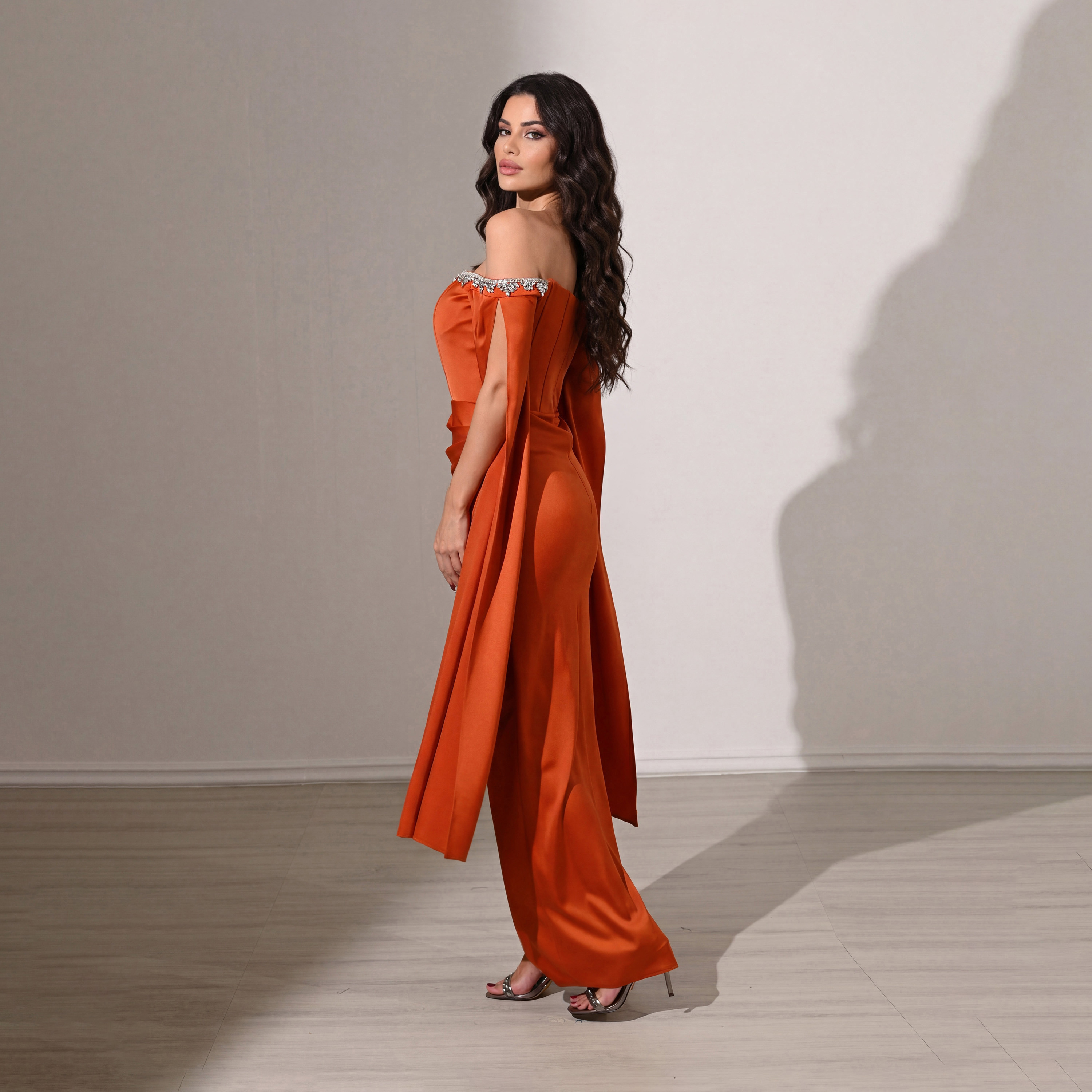 Akadia Draped & Crystal Detail Satin Off-Shoulder Cape Sleeves Tulip Evening Women's Maxi Dress-women-clothing-dresses-image-3