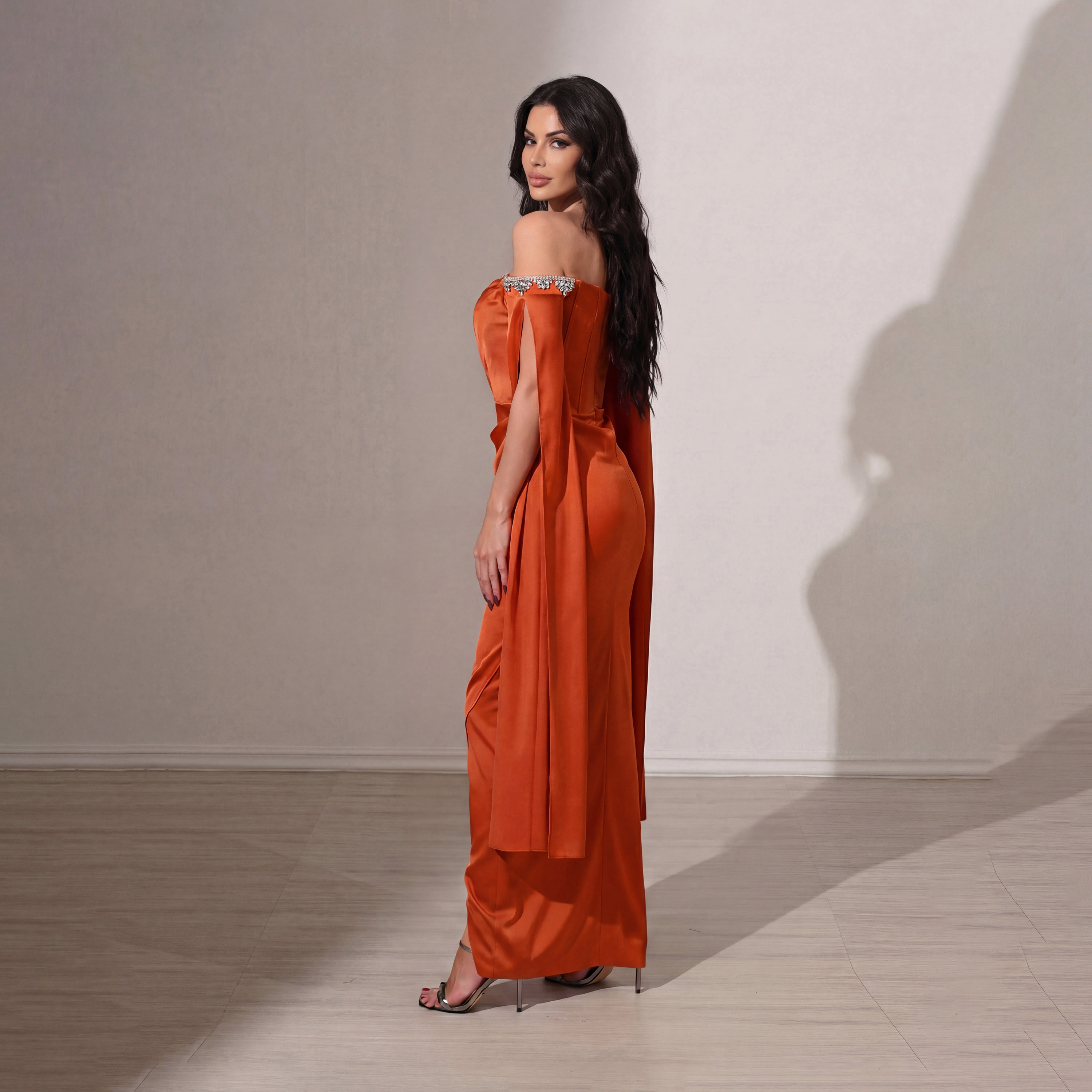 Akadia Draped & Crystal Detail Satin Off-Shoulder Cape Sleeves Tulip Evening Women's Maxi Dress-women-clothing-dresses-image-4