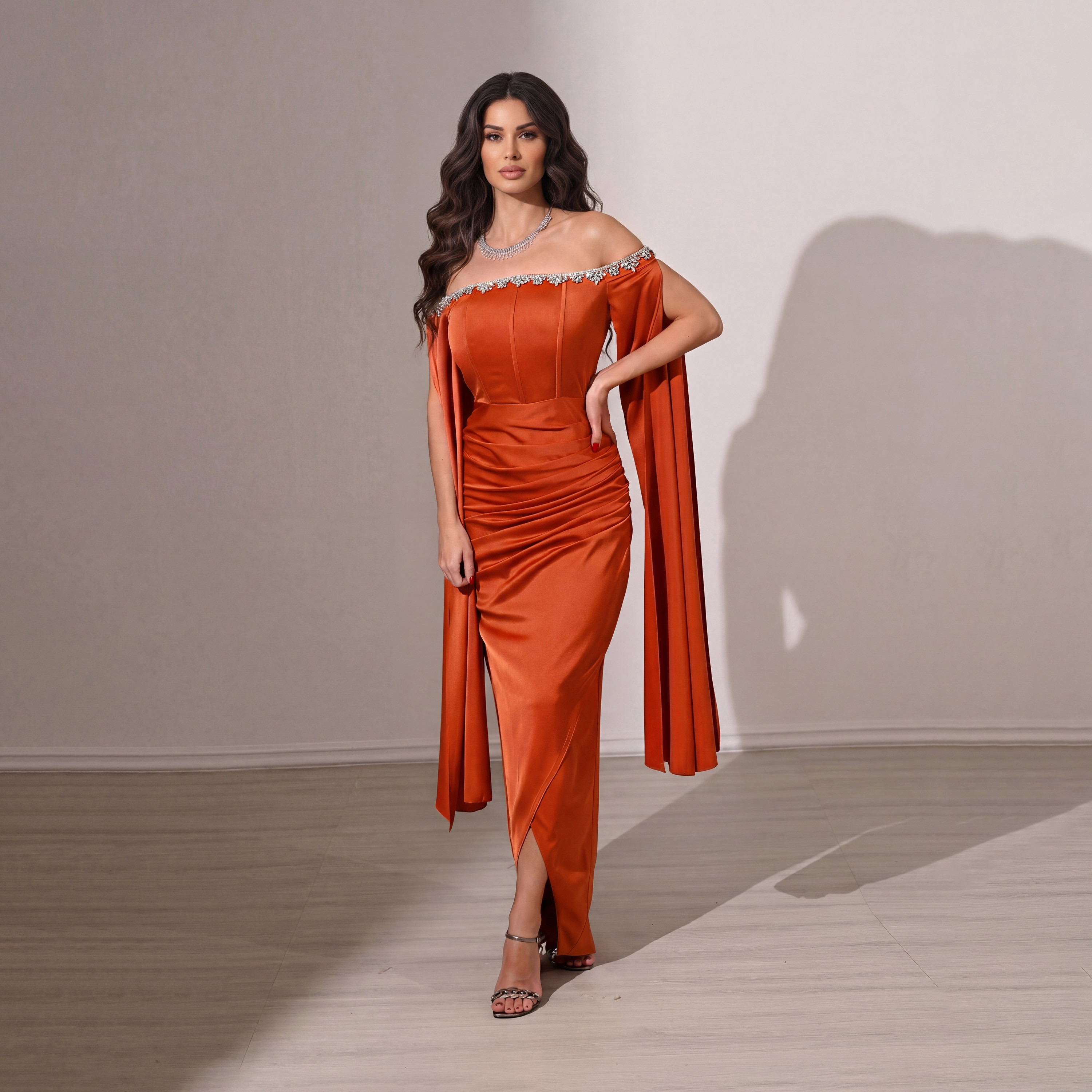 Akadia Draped & Crystal Detail Satin Off-Shoulder Cape Sleeves Tulip Evening Women's Maxi Dress-women-clothing-dresses-image-5