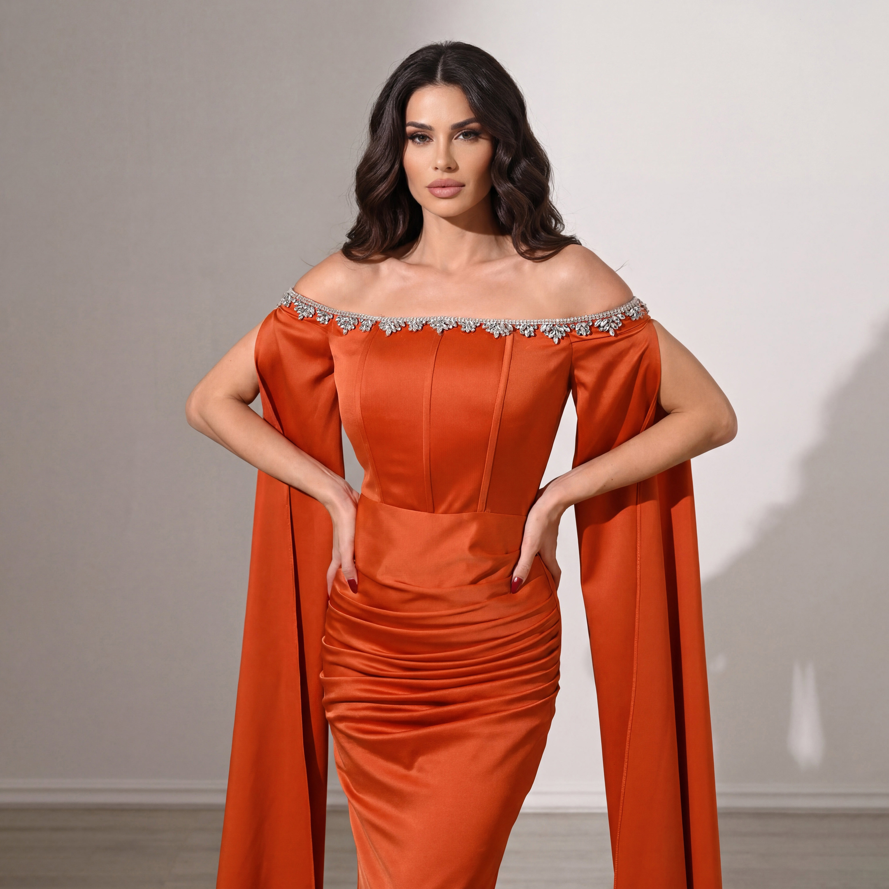 Akadia Draped & Crystal Detail Satin Off-Shoulder Cape Sleeves Tulip Evening Women's Maxi Dress-women-clothing-dresses-image-10