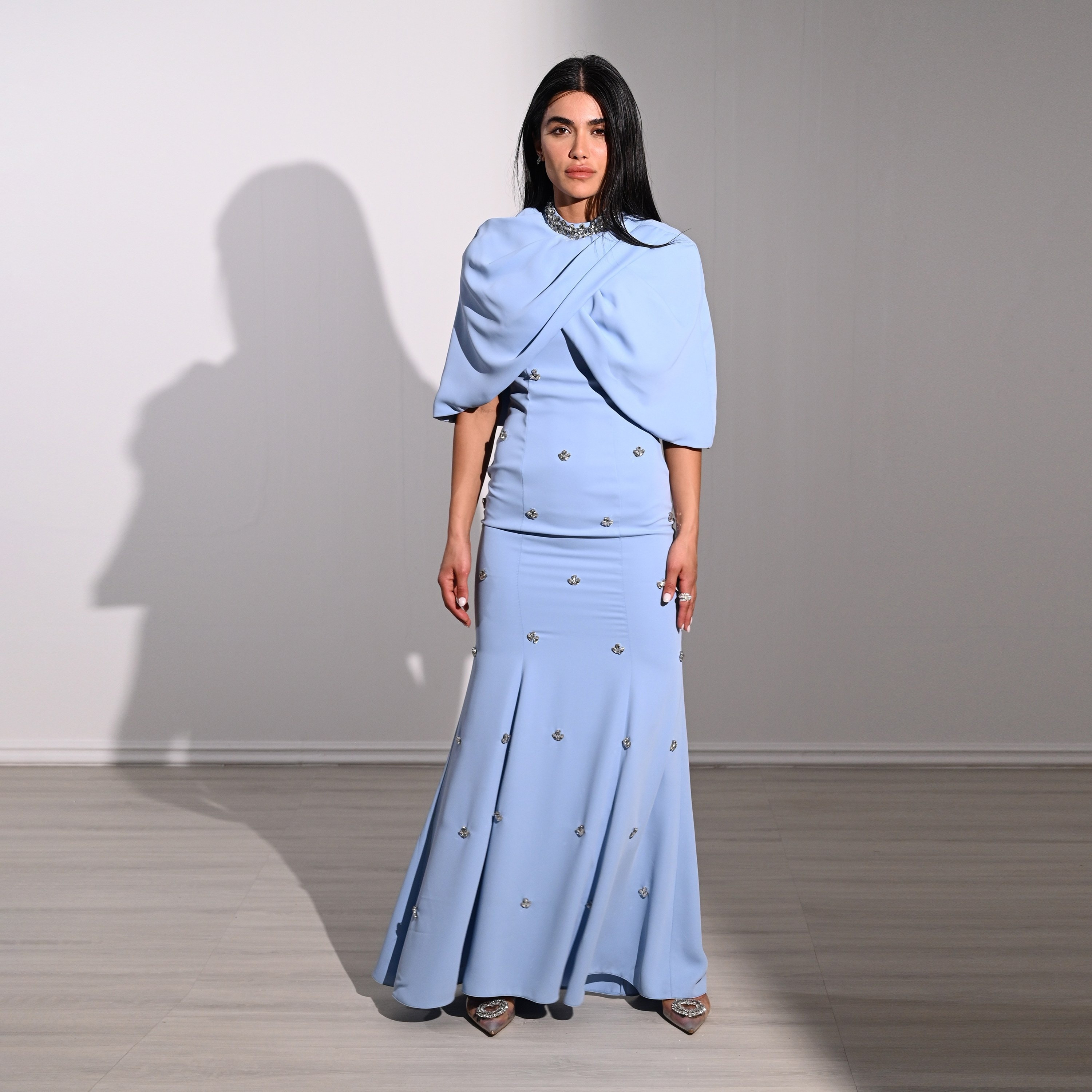 Akadia Crystal Work Crepe Mock Neck Cape Overlay Evening Women's Maxi Dress-women-clothing-dresses-image-1
