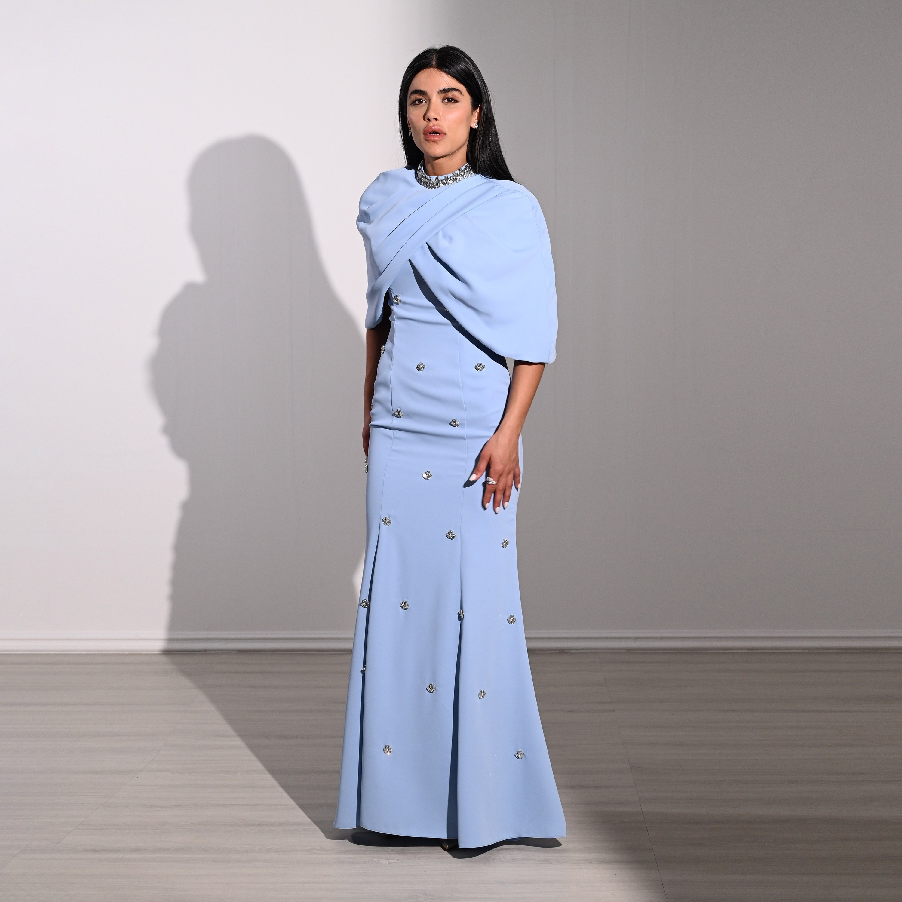 Akadia Crystal Work Crepe Mock Neck Cape Overlay Evening Women's Maxi Dress-women-clothing-dresses-image-2