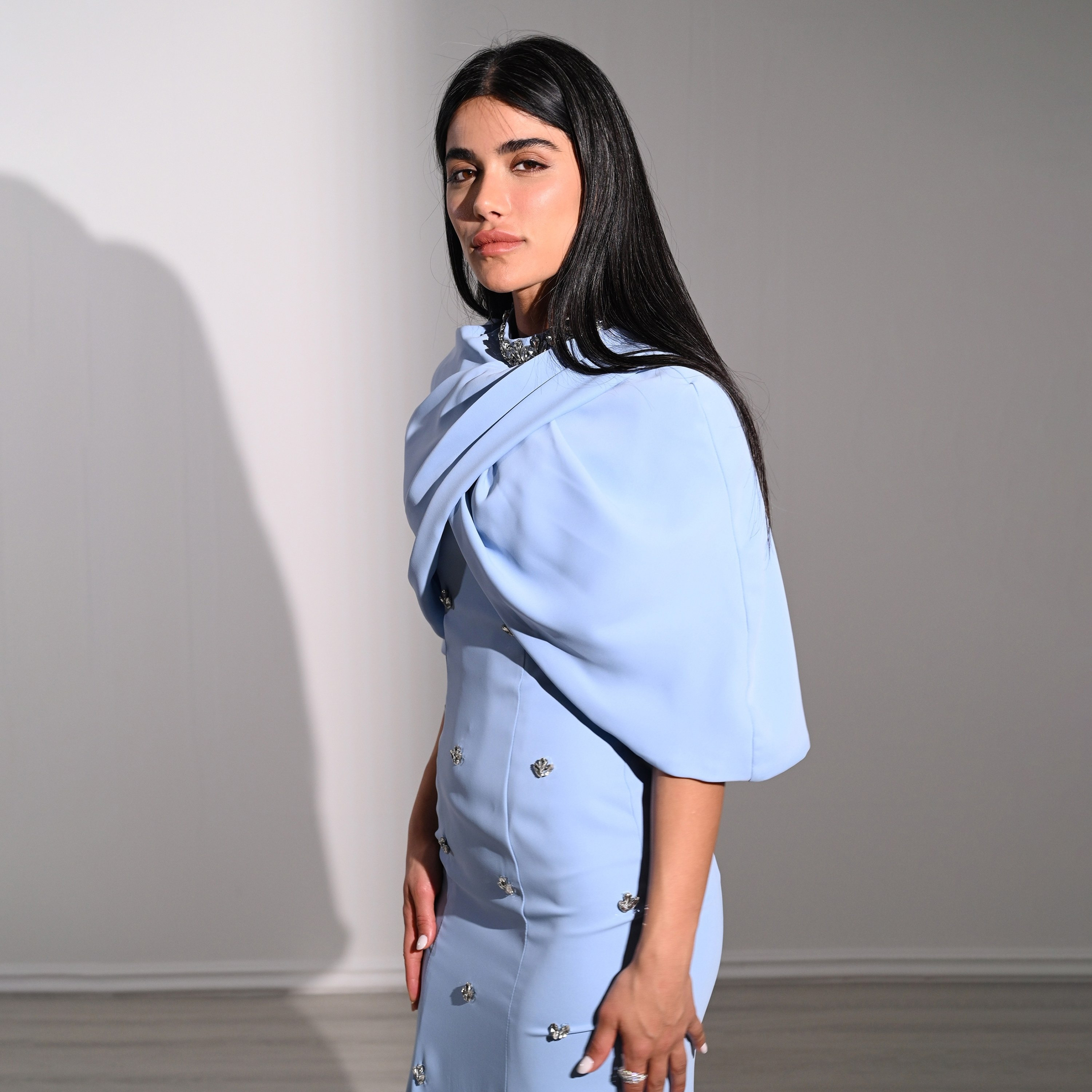 Akadia Crystal Work Crepe Mock Neck Cape Overlay Evening Women's Maxi Dress-women-clothing-dresses-image-5