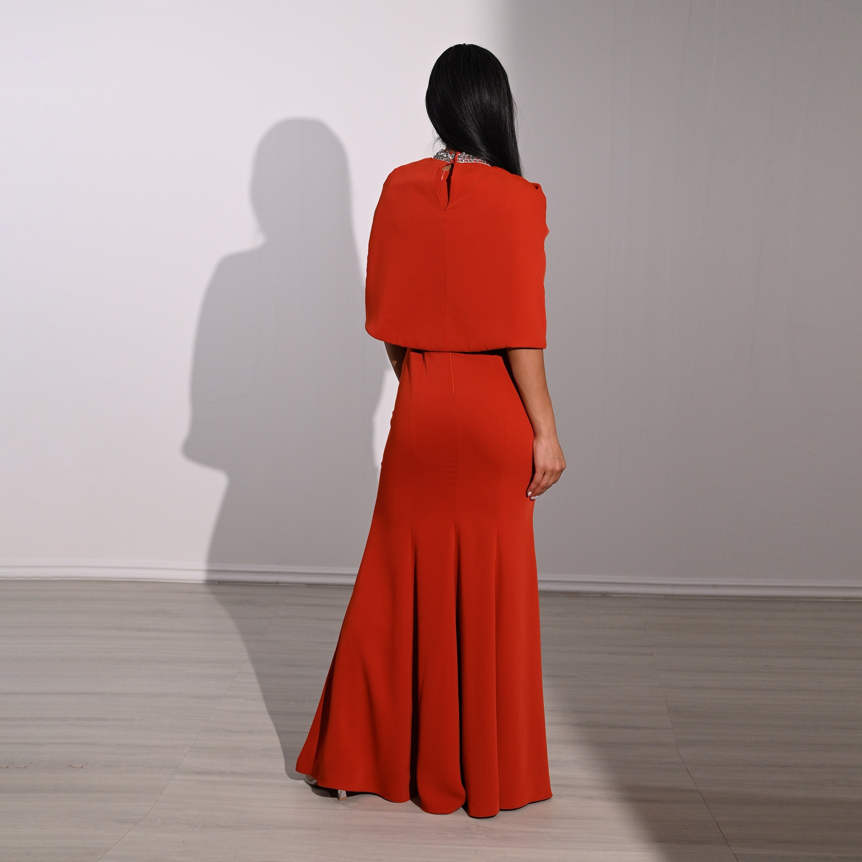 Akadia Crystal Work Crepe Mock Neck Cape Overlay Evening Women's Maxi Dress-women-clothing-dresses-image-9