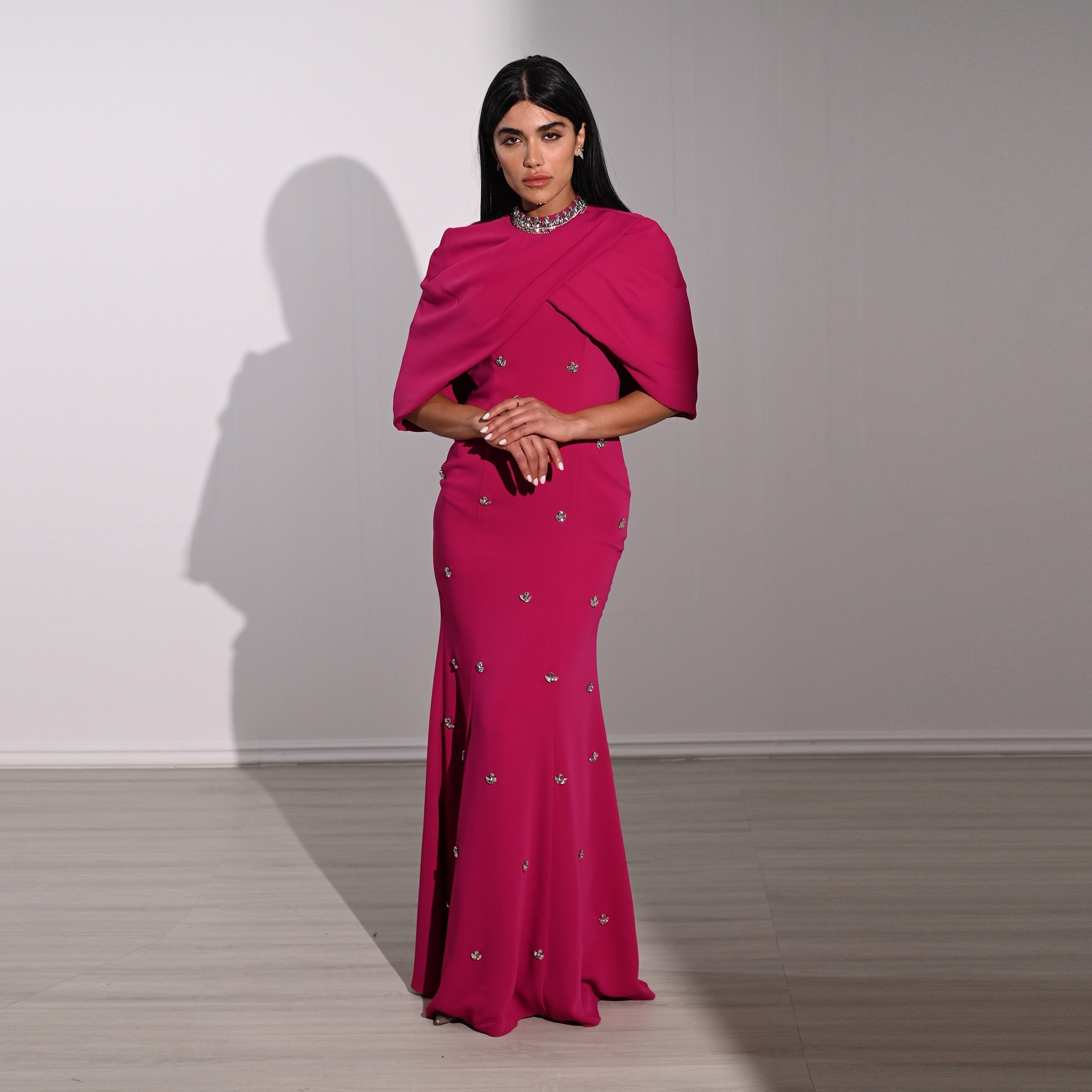 Akadia Crystal Work Crepe Mock Neck Cape Overlay Evening Women's Maxi Dress-women-clothing-dresses-image-11