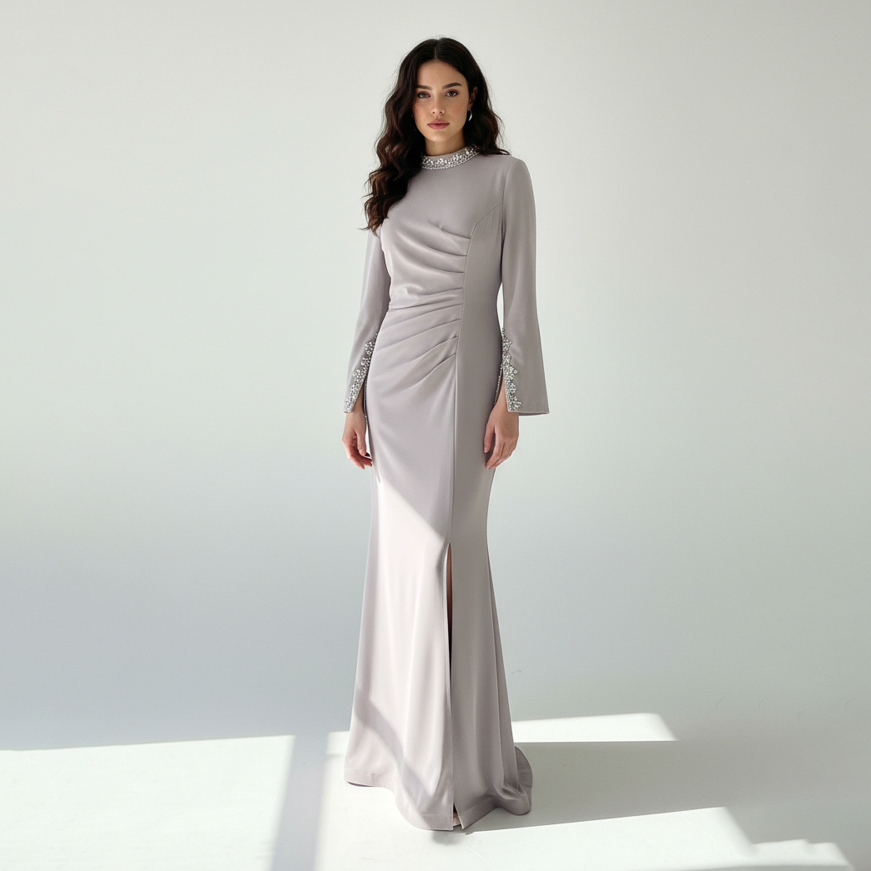 Akadia Crystal High Neck Slit Sleeves Crepe Bodycon Women's Evening Maxi Dress-women-clothing-dresses-image-1