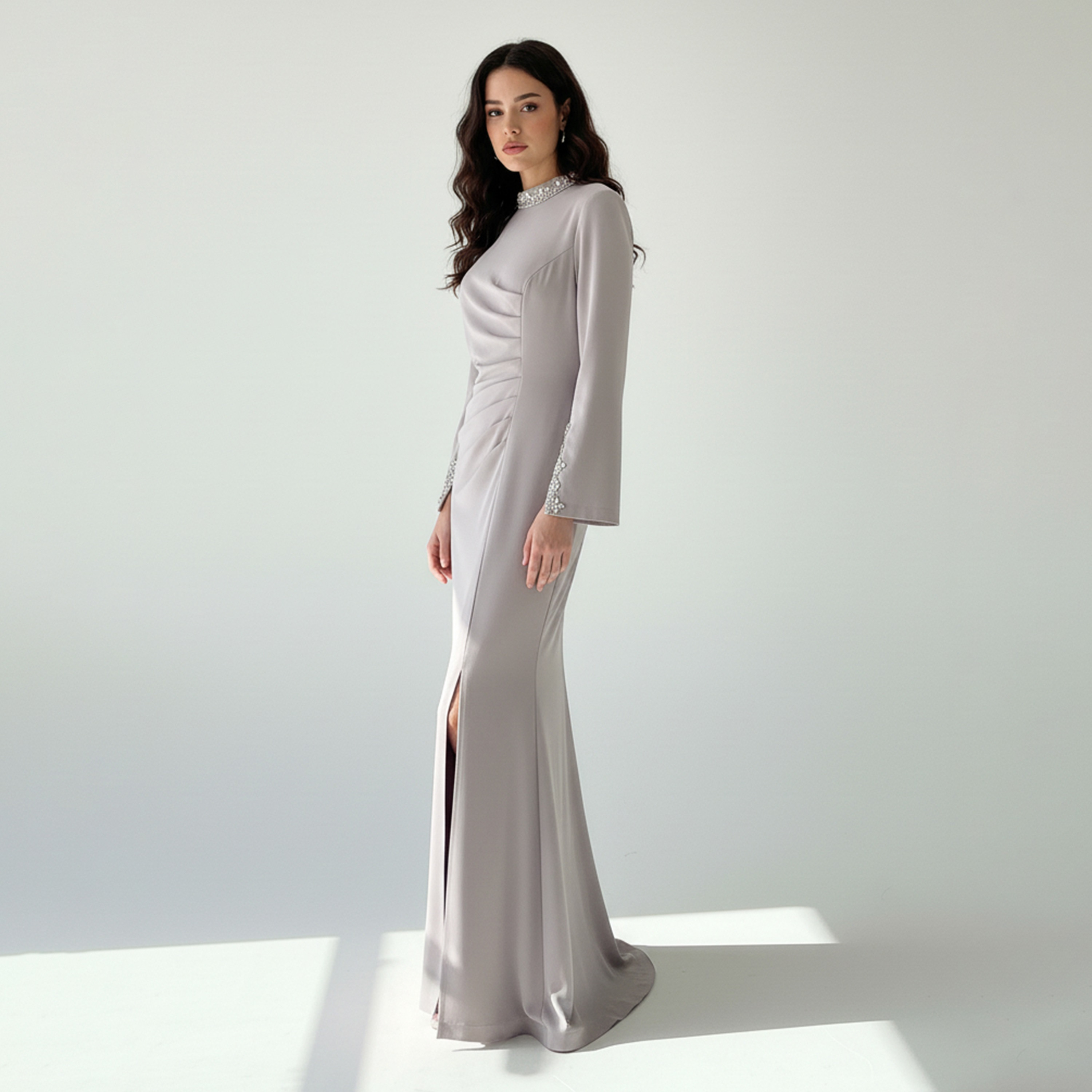 Akadia Crystal High Neck Slit Sleeves Crepe Bodycon Women's Evening Maxi Dress-women-clothing-dresses-image-2