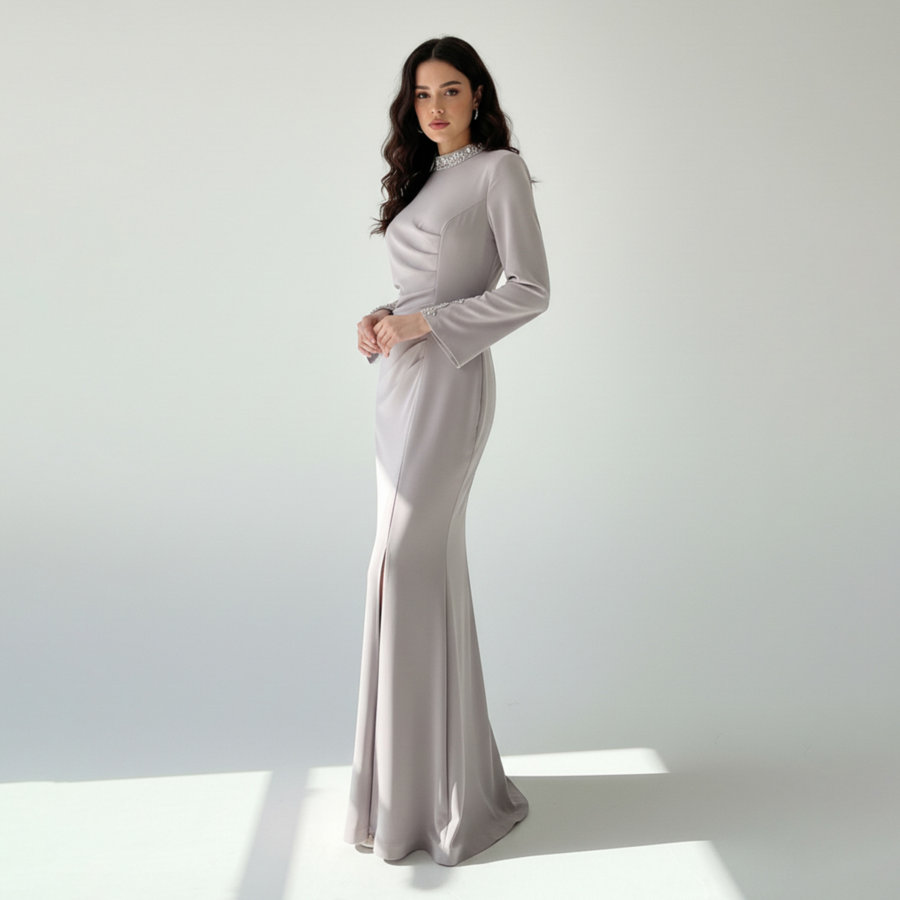 Akadia Crystal High Neck Slit Sleeves Crepe Bodycon Women's Evening Maxi Dress-women-clothing-dresses-image-3