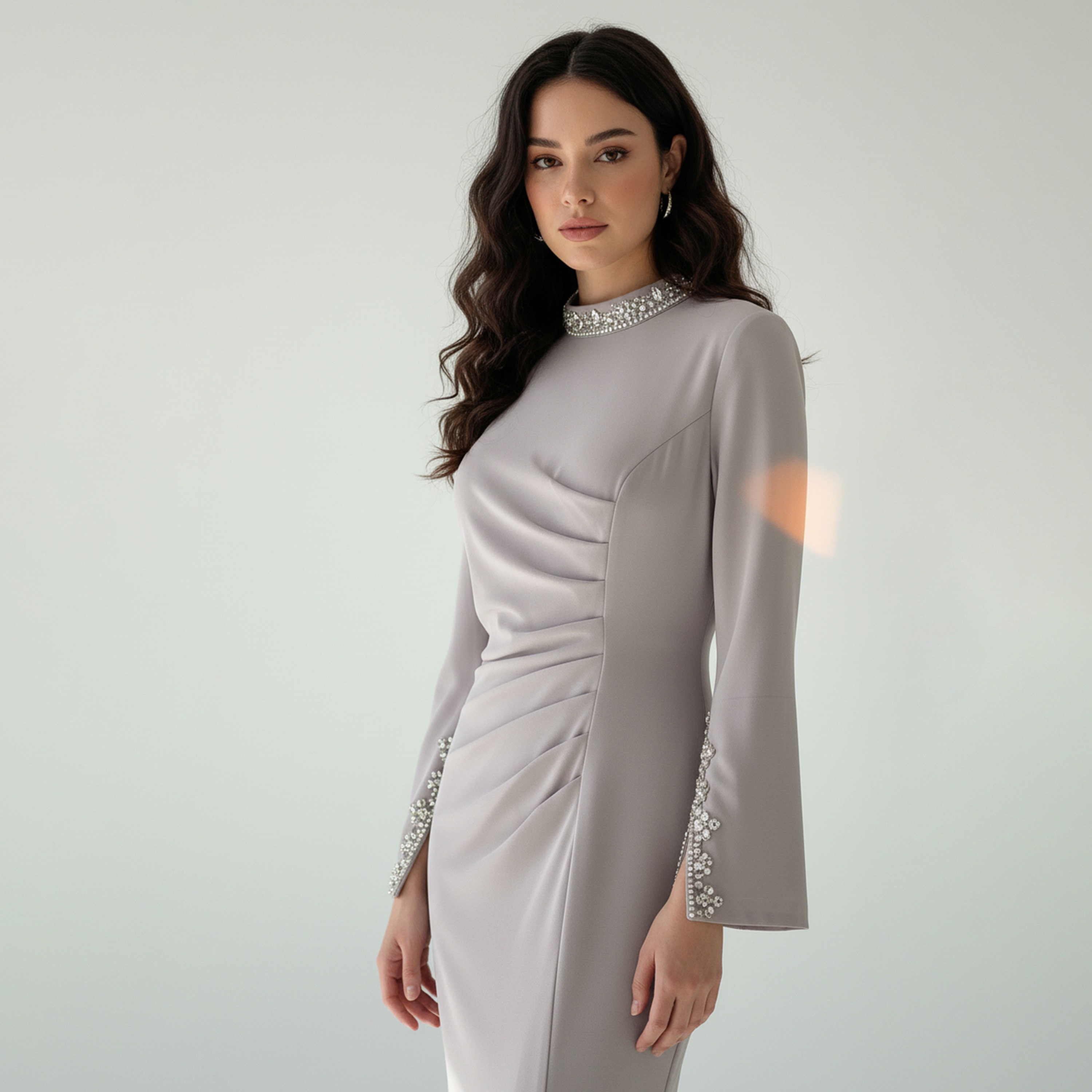 Akadia Crystal High Neck Slit Sleeves Crepe Bodycon Women's Evening Maxi Dress-women-clothing-dresses-image-4