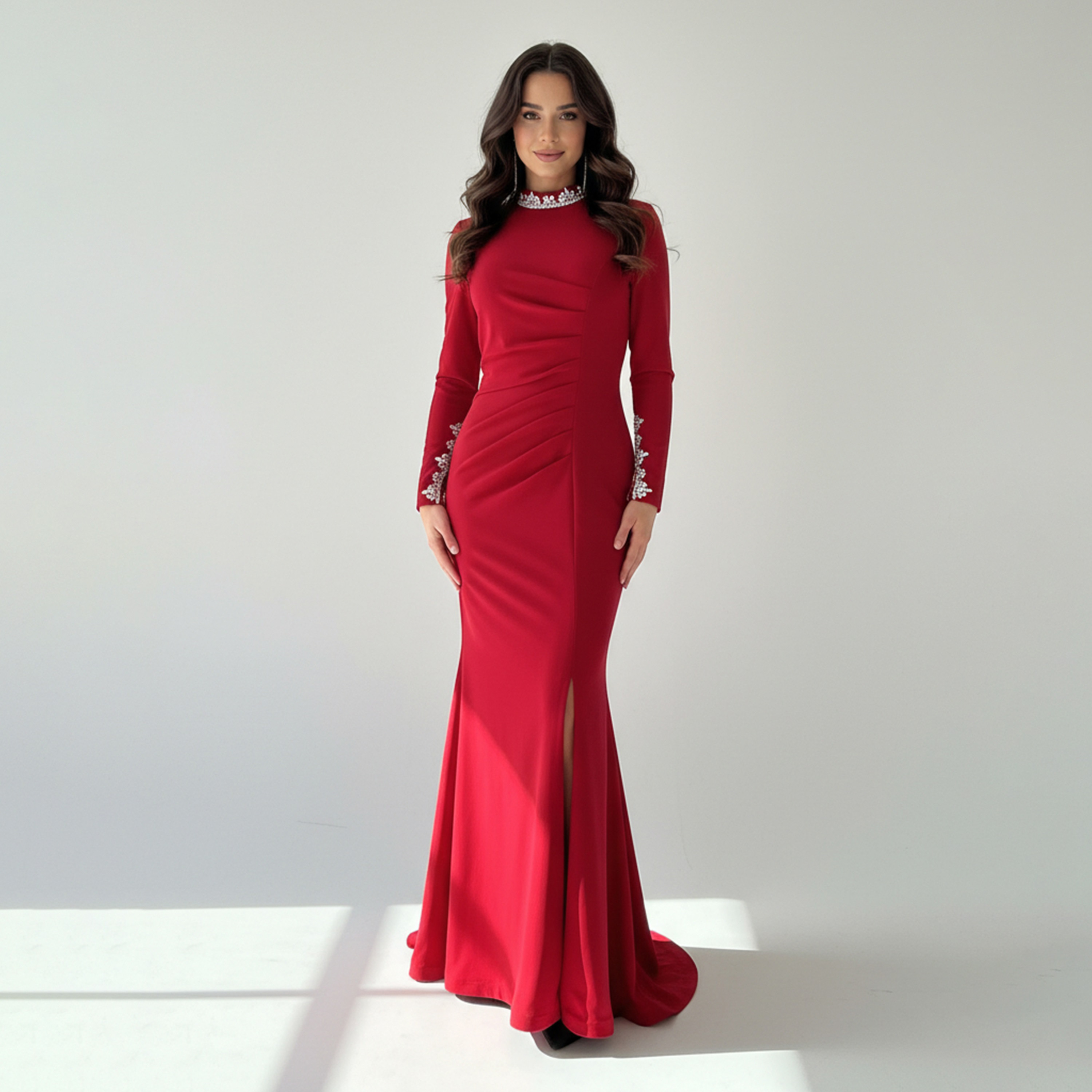 Akadia Crystal High Neck Slit Sleeves Crepe Bodycon Women's Evening Maxi Dress-women-clothing-dresses-image-5