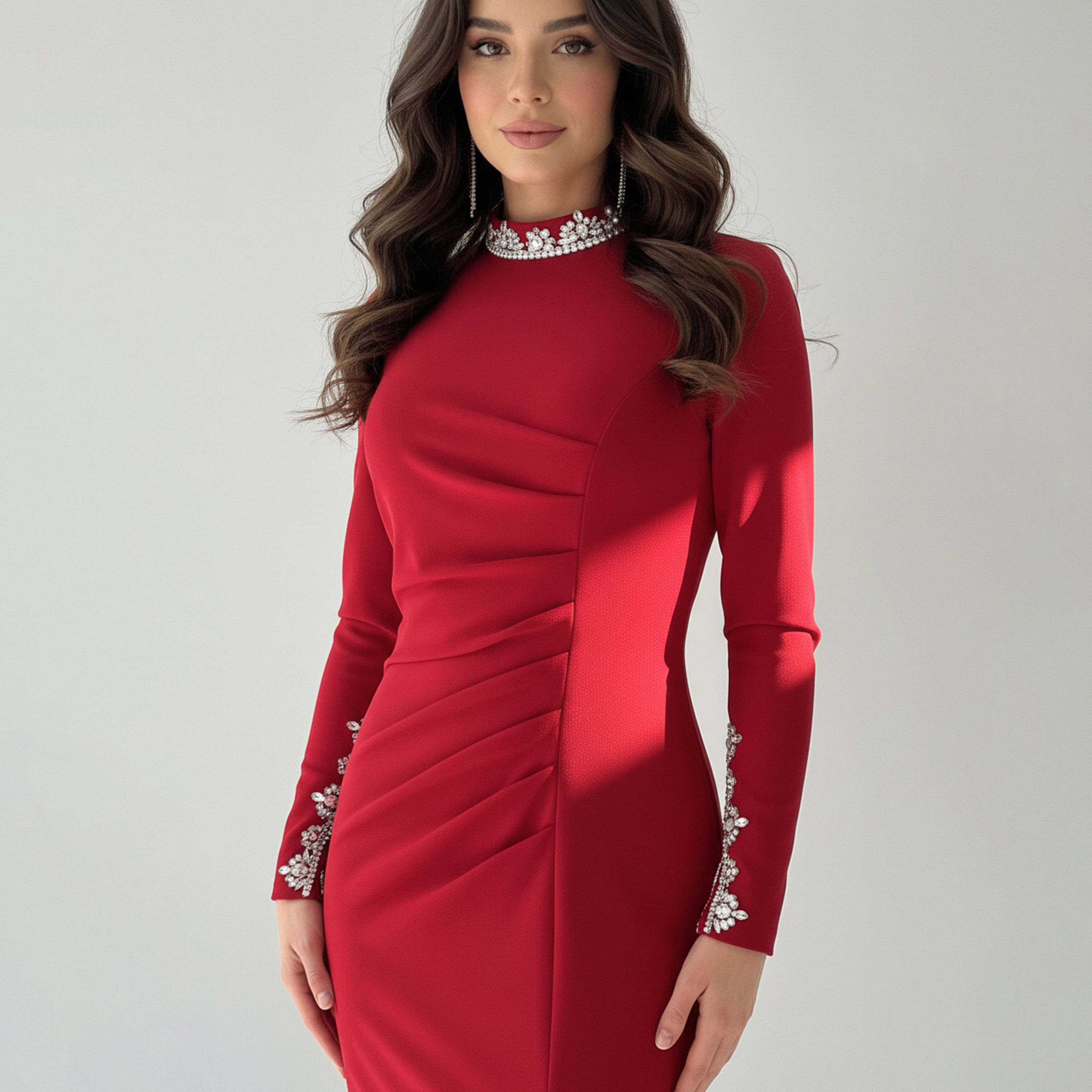 Akadia Crystal High Neck Slit Sleeves Crepe Bodycon Women's Evening Maxi Dress-women-clothing-dresses-image-8