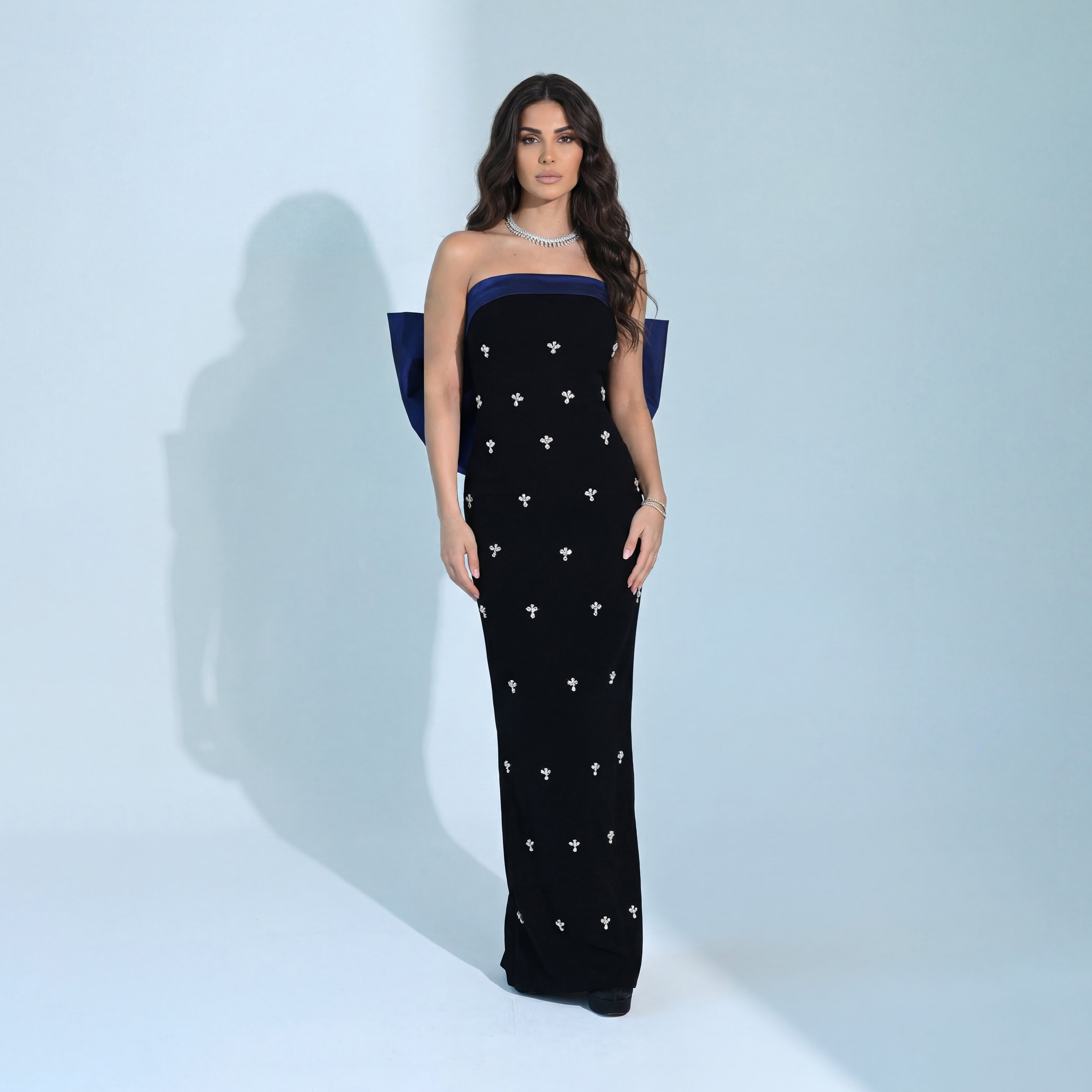 Akadia Crystal Detailed Crepe Strapless Bandeau Women's Evening Maxi Dress-women-clothing-dresses-image-1