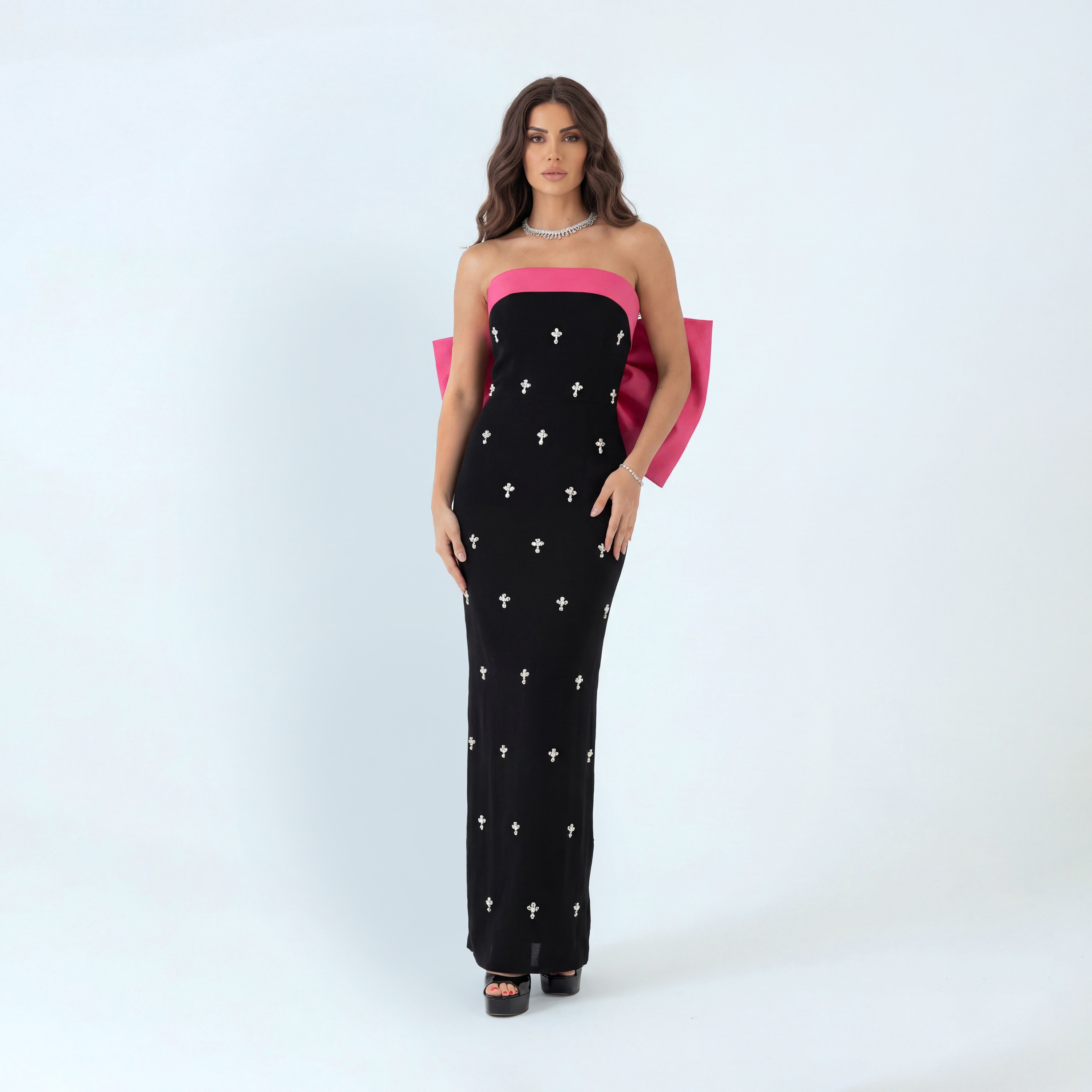 Akadia Crystal Detailed Crepe Strapless Bandeau Women's Evening Maxi Dress-women-clothing-dresses-image-5