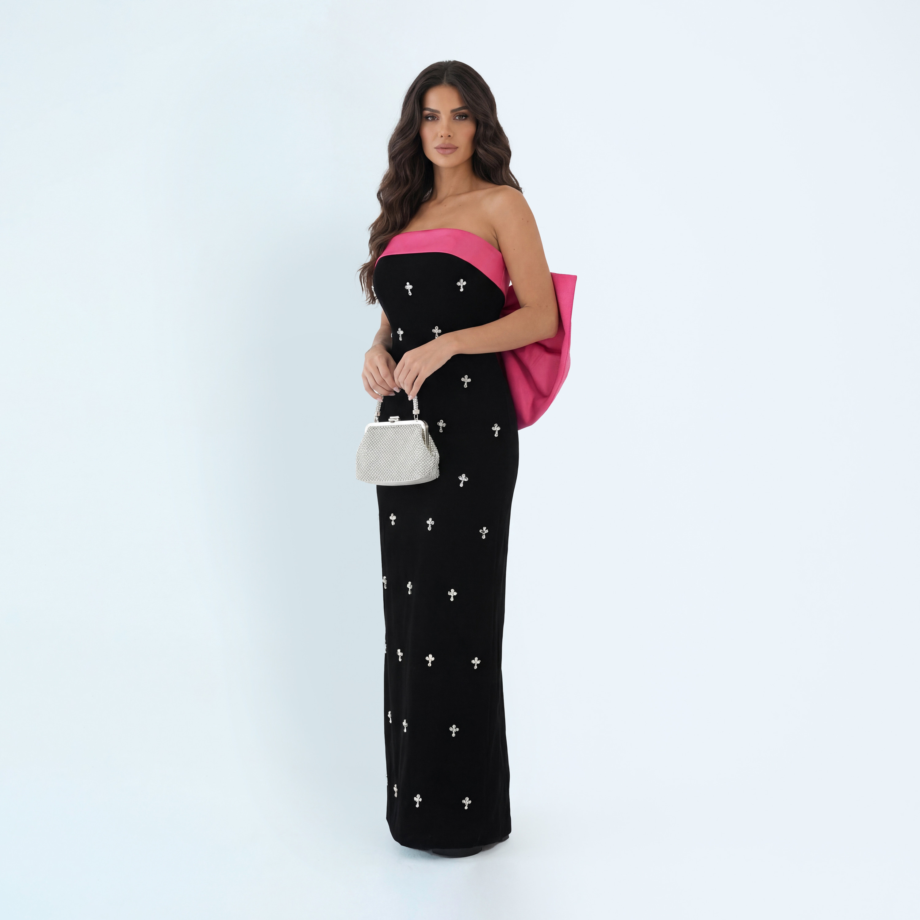 Akadia Crystal Detailed Crepe Strapless Bandeau Women's Evening Maxi Dress-women-clothing-dresses-image-6