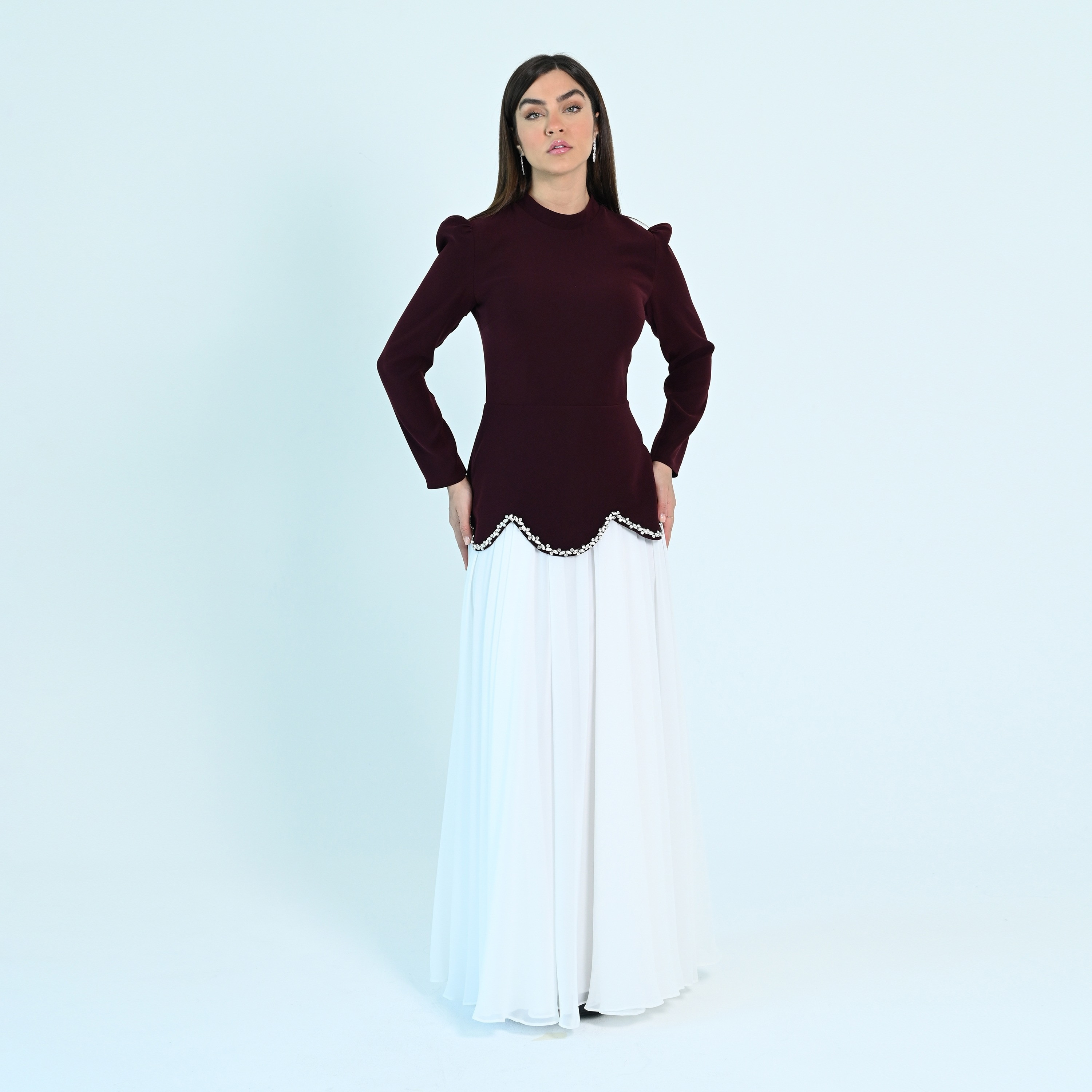فستان سهرة نسائي طويل ماكسي من الشيفون بتفاصيل كريستالية وياقة وهمية وطيات من أكاديا-women-clothing-dresses-image-13