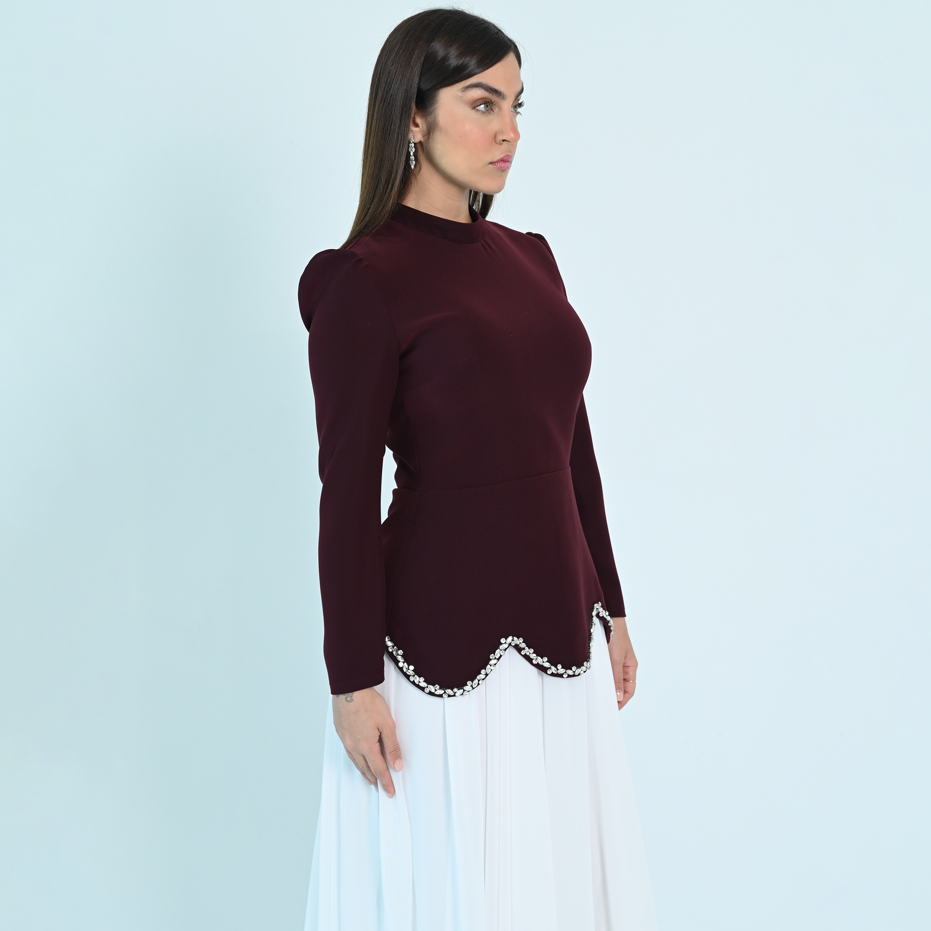 فستان سهرة نسائي طويل ماكسي من الشيفون بتفاصيل كريستالية وياقة وهمية وطيات من أكاديا-women-clothing-dresses-image-15