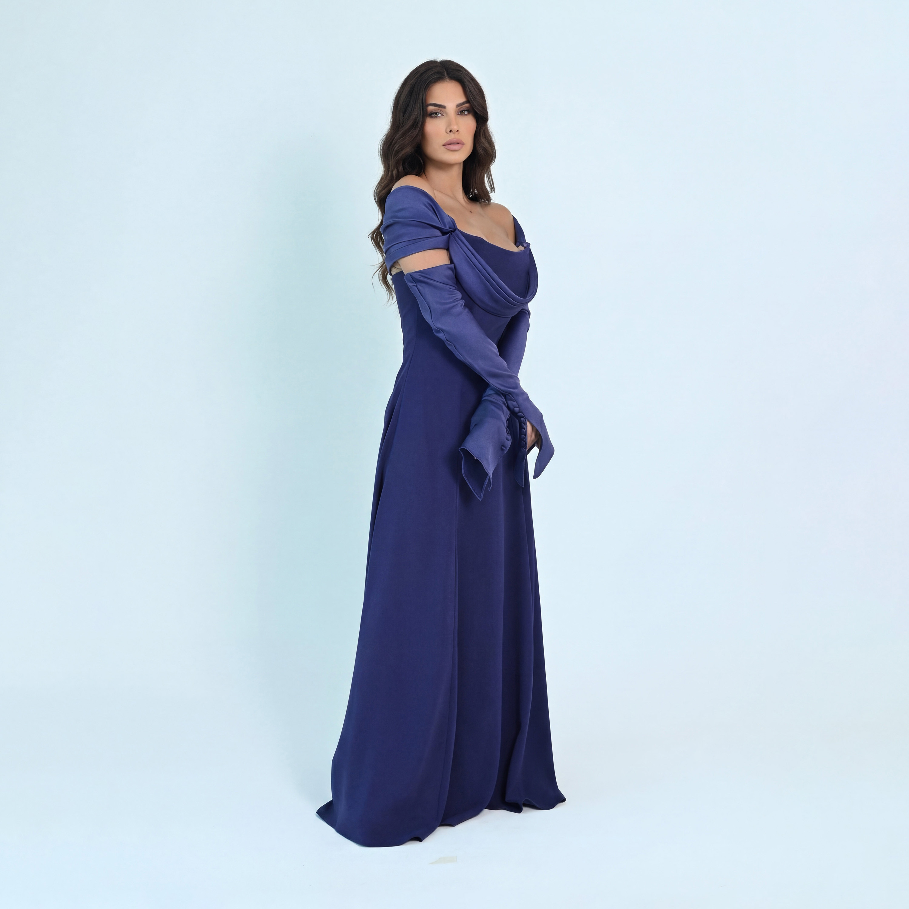 Akadia Drape Detailed Crepe Off-Shoulder Opera Sleeves Fit & Flared Evening Women's Maxi Dress-women-clothing-dresses-image-2