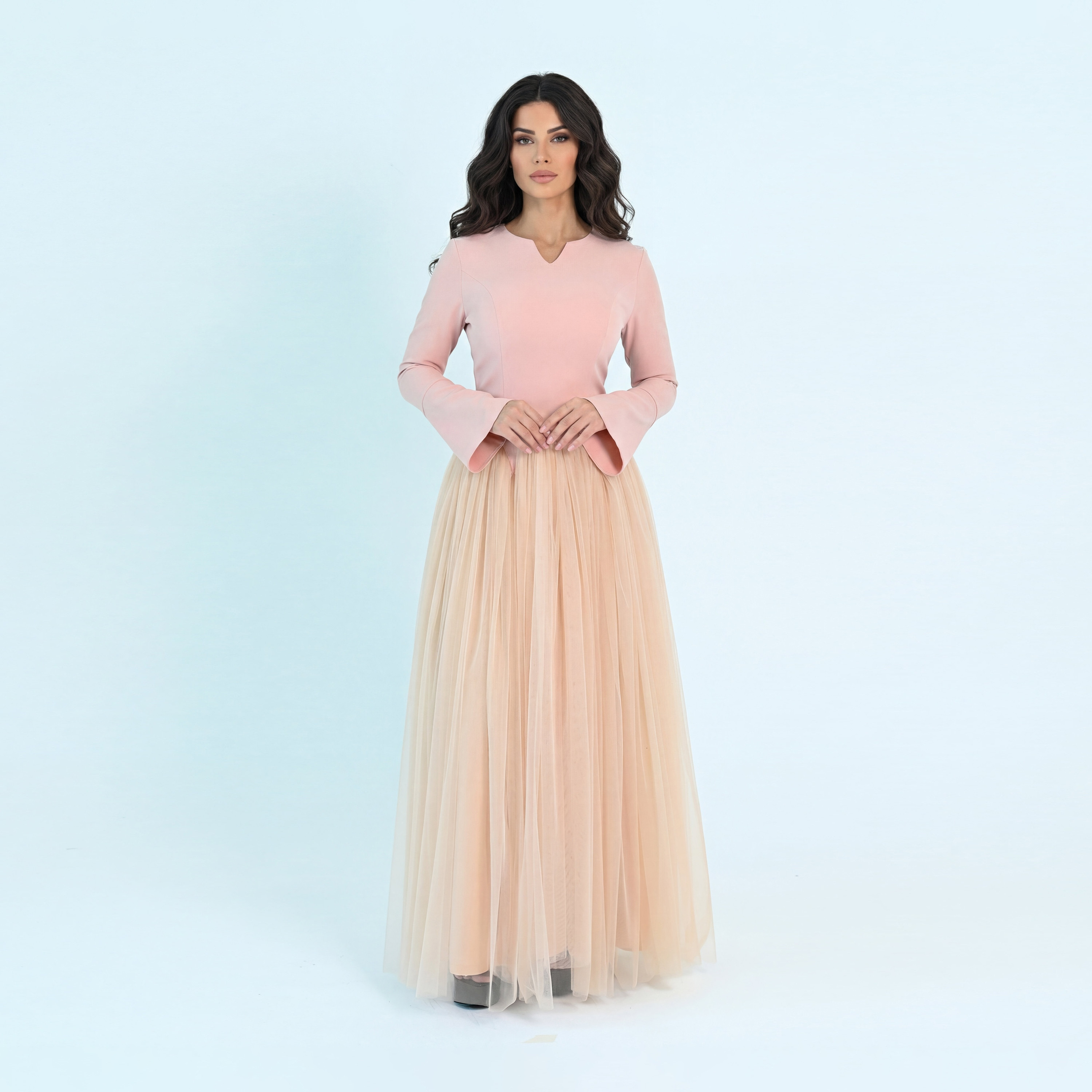 Akadia Crepe Bell Sleeves Flared Evening Women's Maxi Dress-women-clothing-dresses-image-1