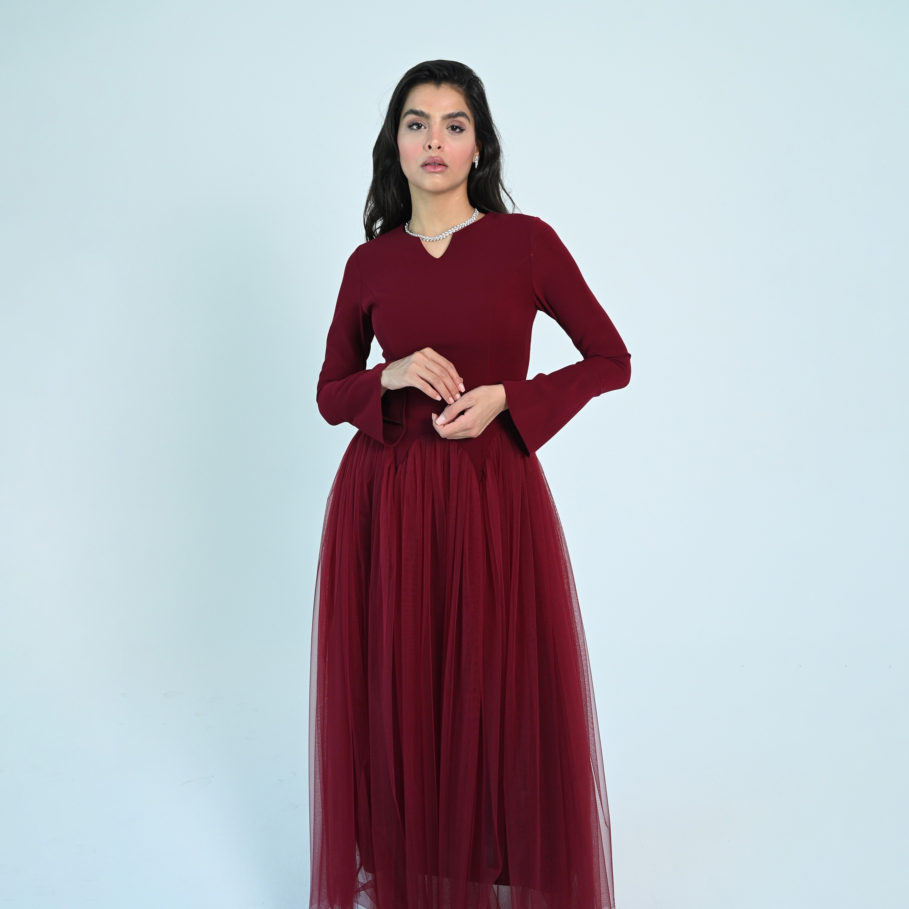 Akadia Crepe Bell Sleeves Flared Evening Women's Maxi Dress-women-clothing-dresses-image-4