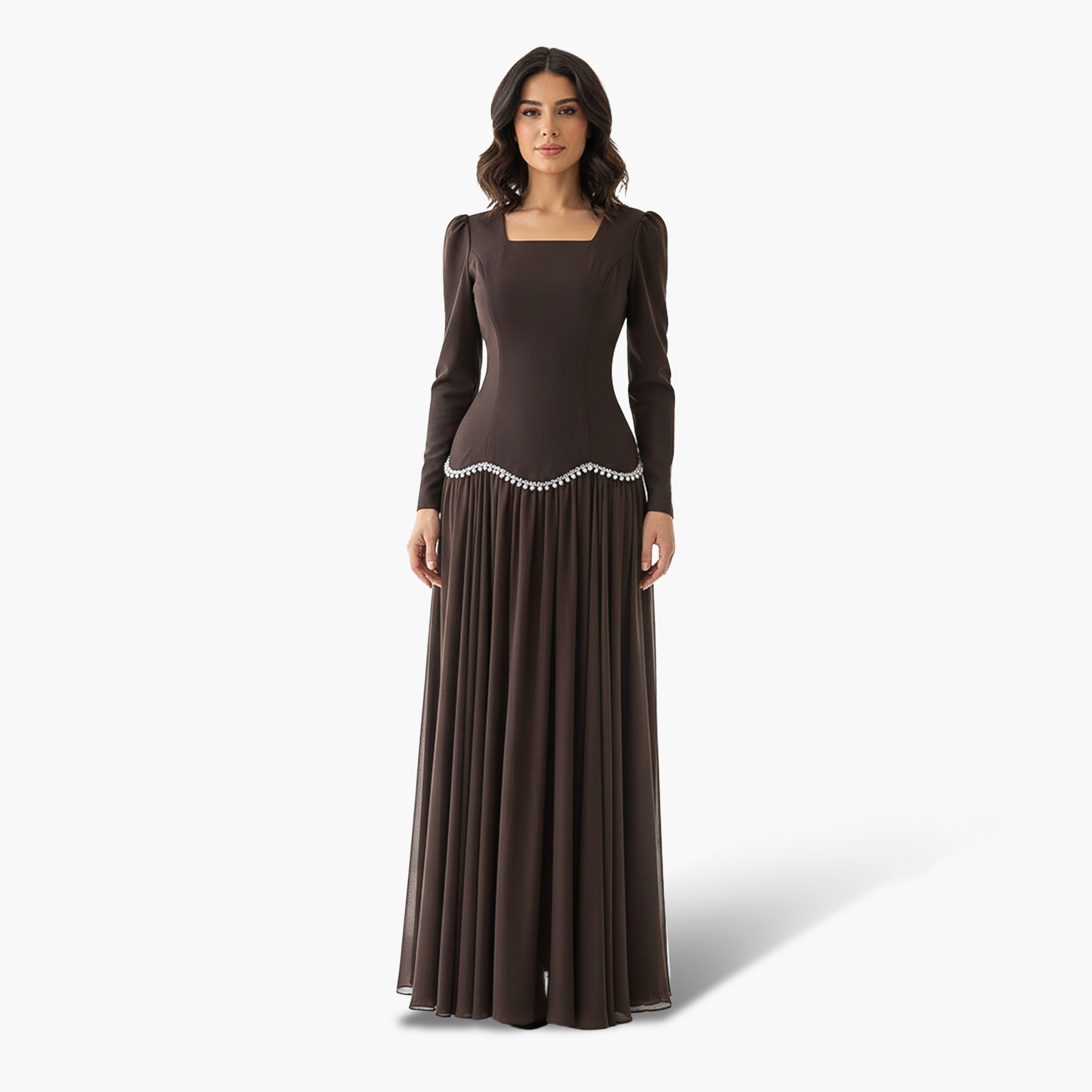 Akadia Pearl Detailed Crepe Square Neck Fitted Puff Sleeves Fit & Flared Women's Evening Maxi Dress-women-clothing-dresses-image-1
