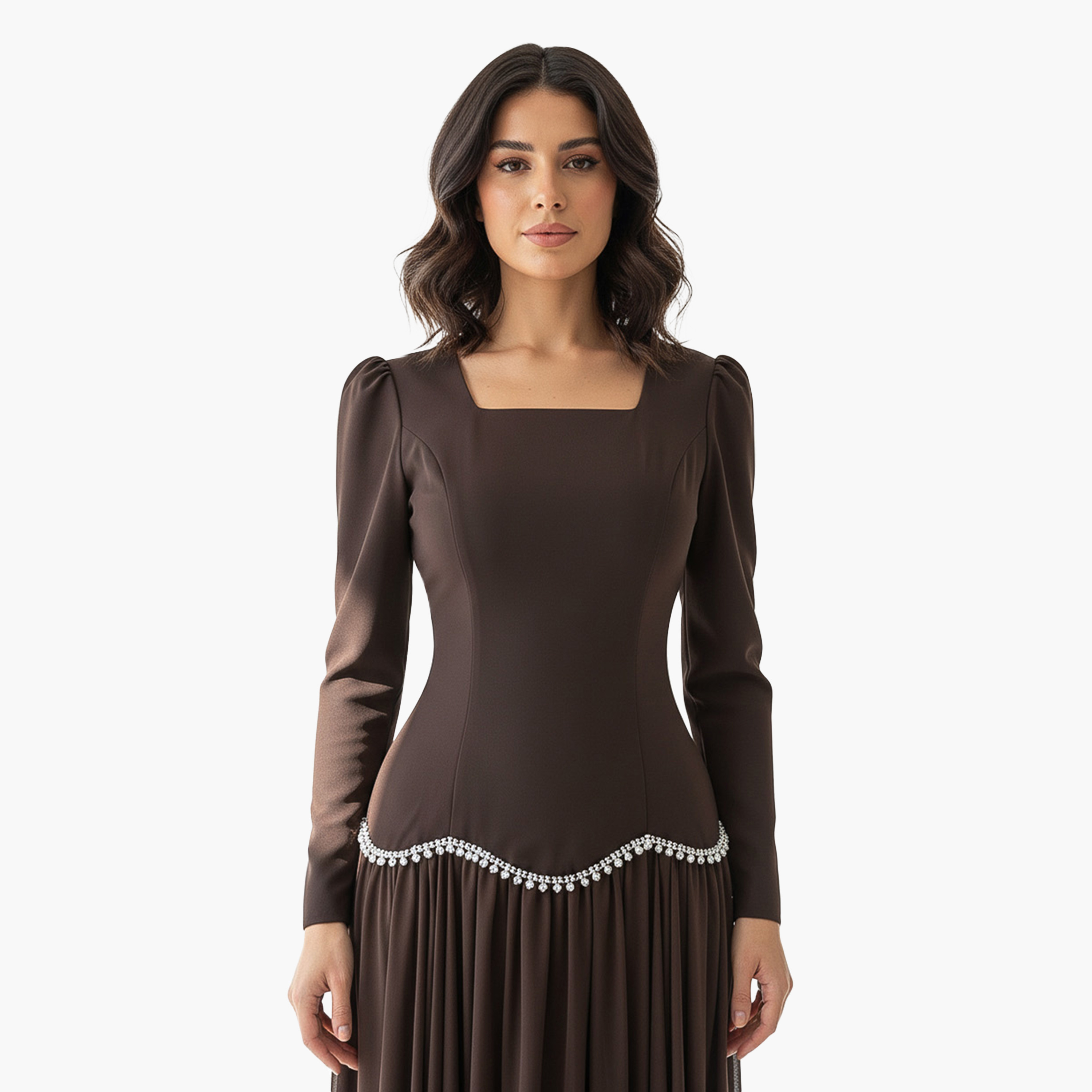 Akadia Pearl Detailed Crepe Square Neck Fitted Puff Sleeves Fit & Flared Women's Evening Maxi Dress-women-clothing-dresses-image-3