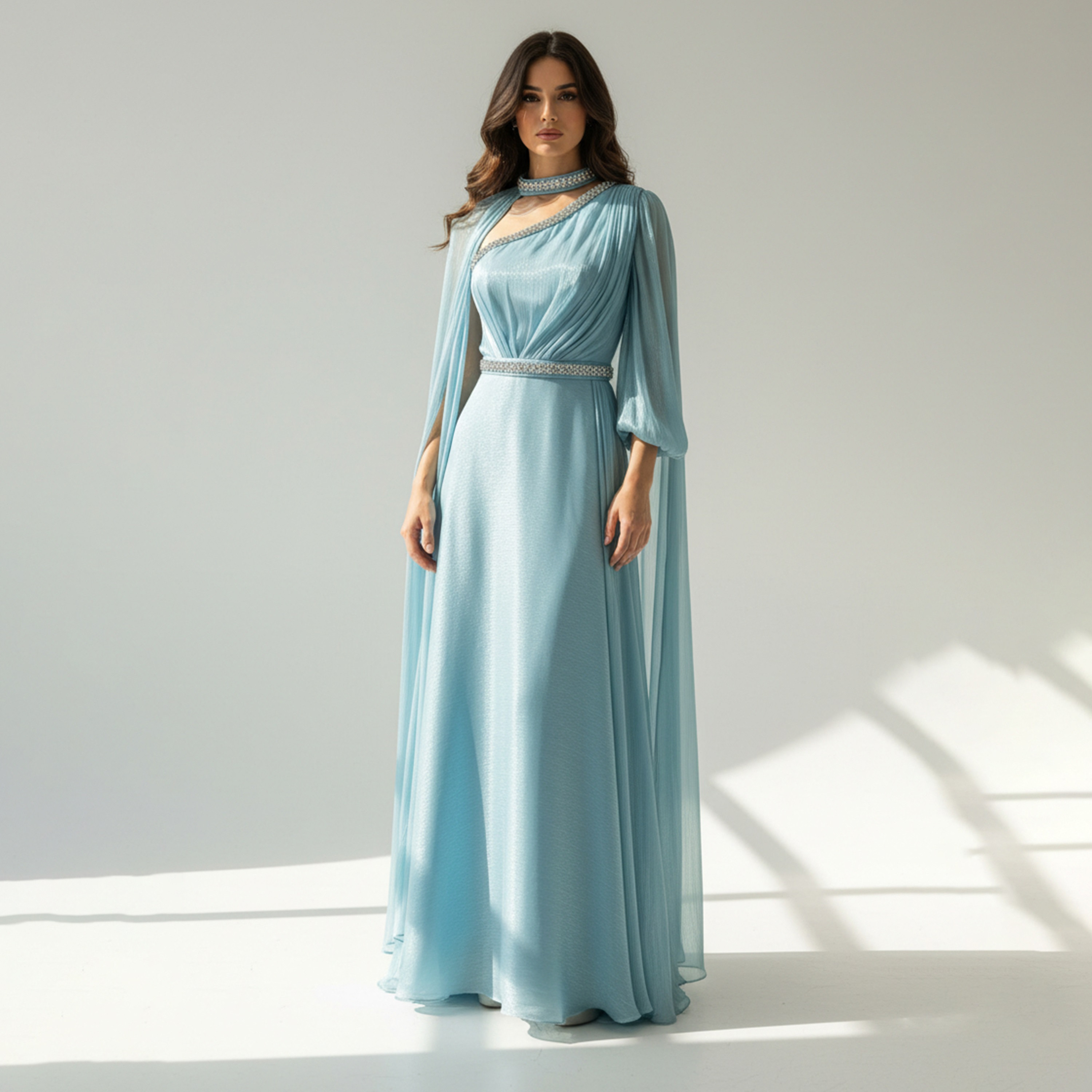 Akadia Crystal Beaded One Shoulder Organza Cape Women's Evening Maxi Dress-women-clothing-dresses-image-1