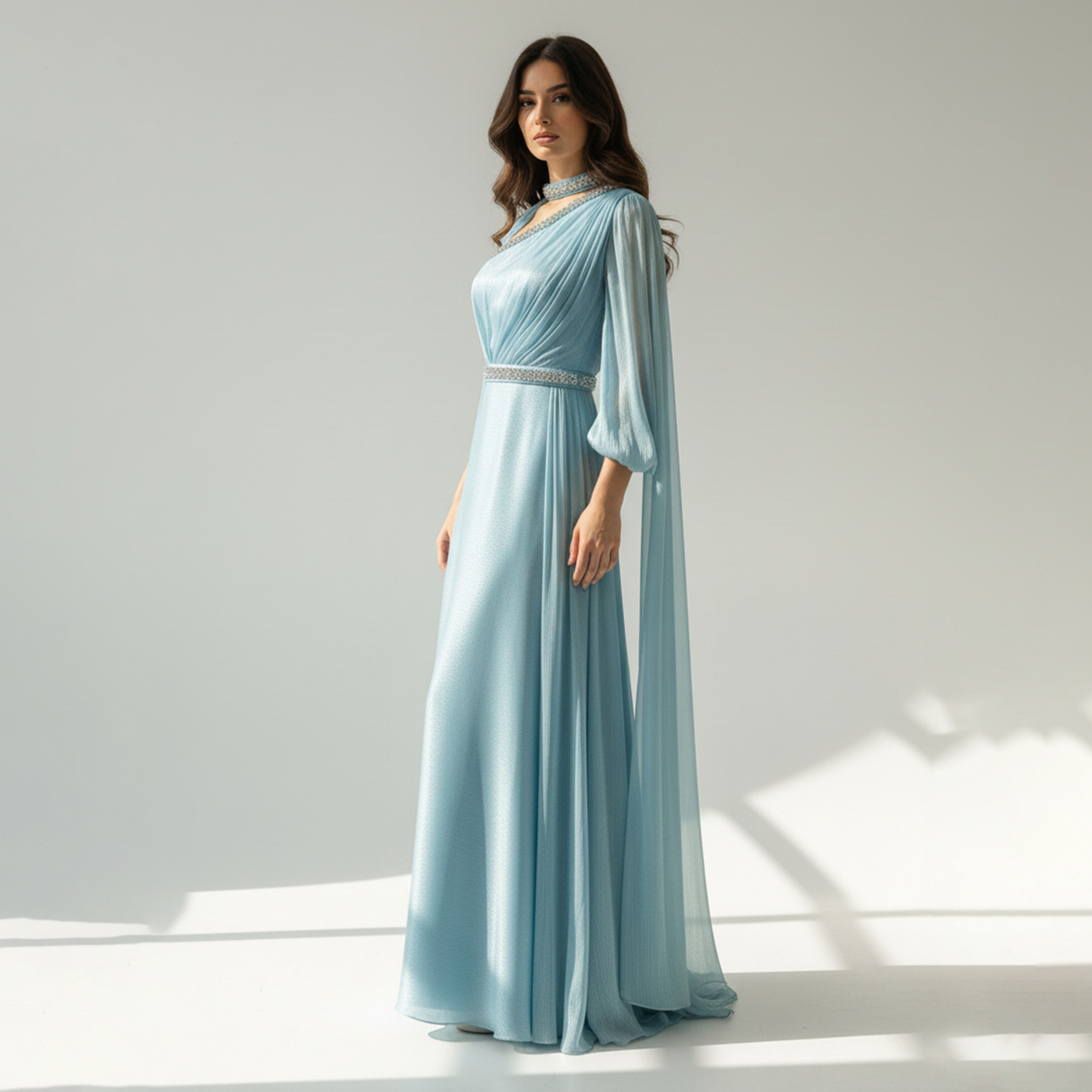 Akadia Crystal Beaded One Shoulder Organza Cape Women's Evening Maxi Dress-women-clothing-dresses-image-2