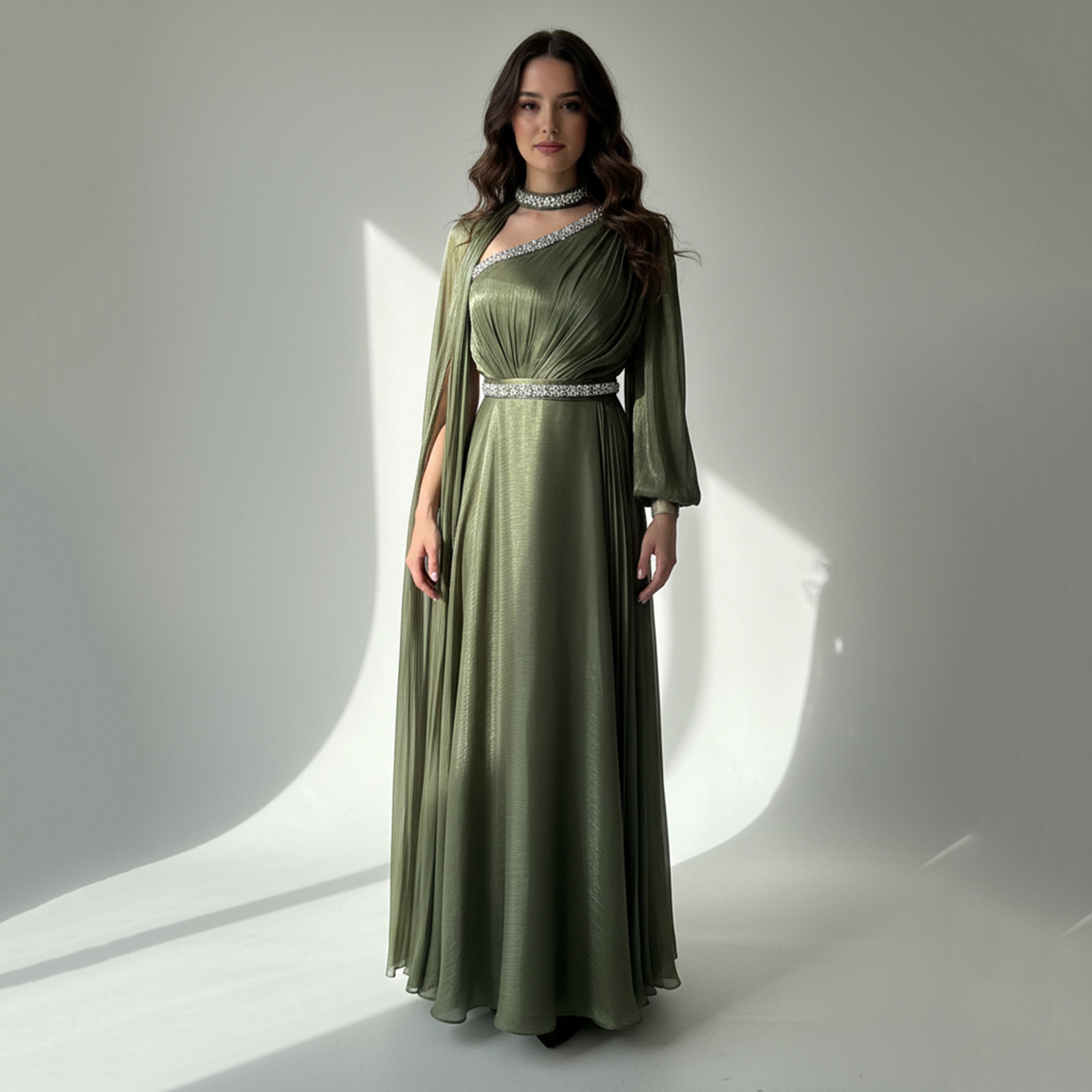 فستان سهرة ماكسي نسائي بكتف واحد مع كيب "أورجانزا" ومزين بخرز الكريستال من أكاديا-women-clothing-dresses-image-1