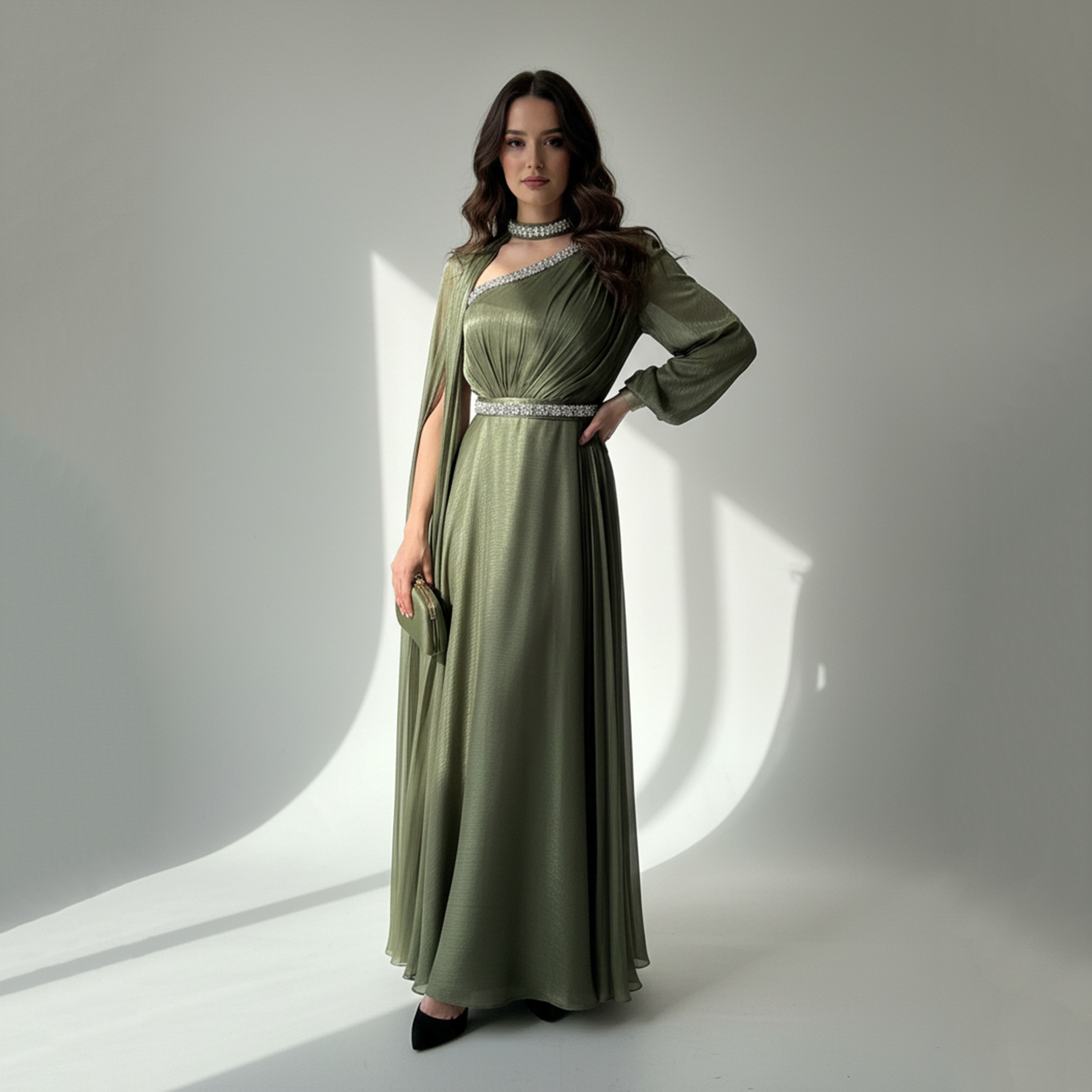 فستان سهرة ماكسي نسائي بكتف واحد مع كيب "أورجانزا" ومزين بخرز الكريستال من أكاديا-women-clothing-dresses-image-2