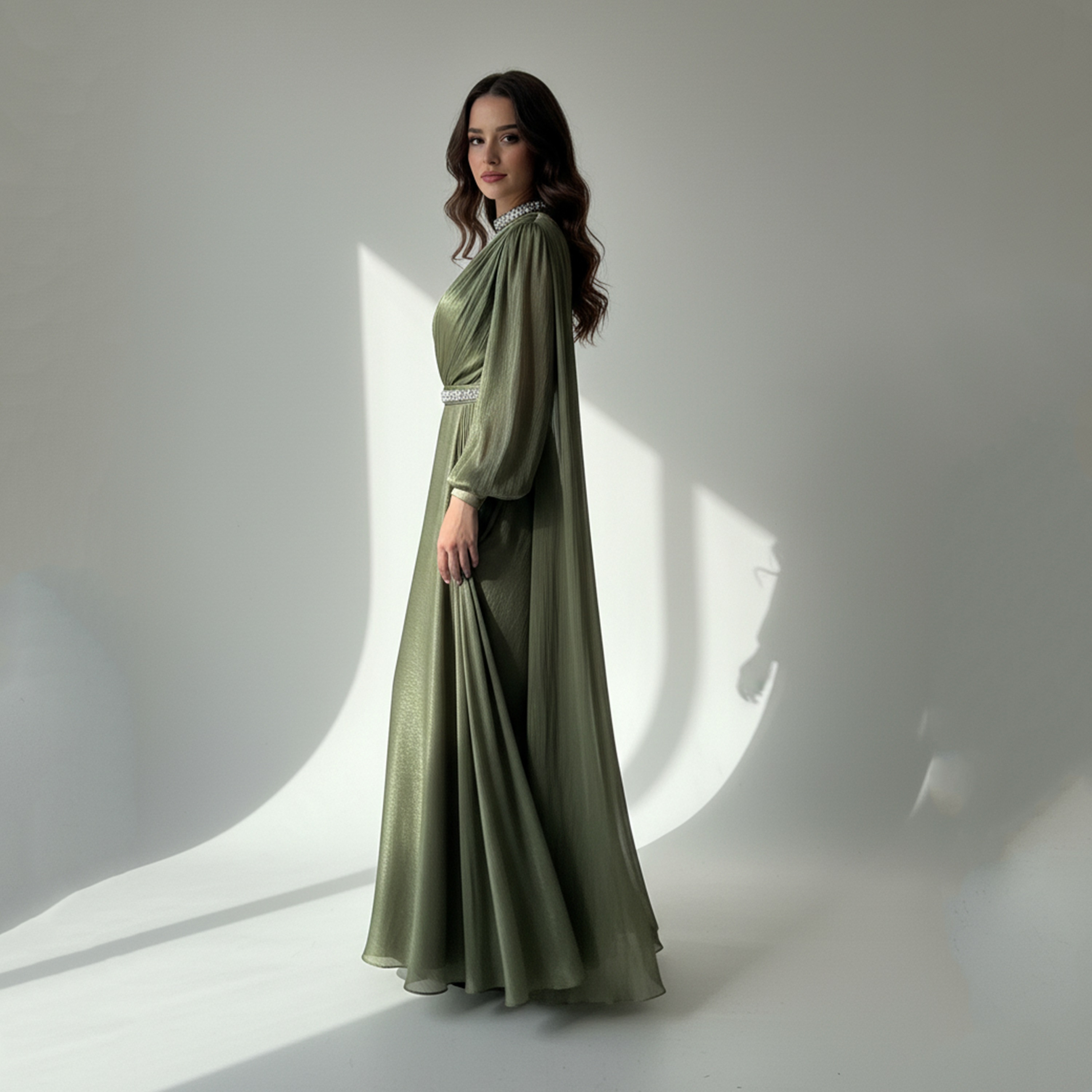 فستان سهرة ماكسي نسائي بكتف واحد مع كيب "أورجانزا" ومزين بخرز الكريستال من أكاديا-women-clothing-dresses-image-3