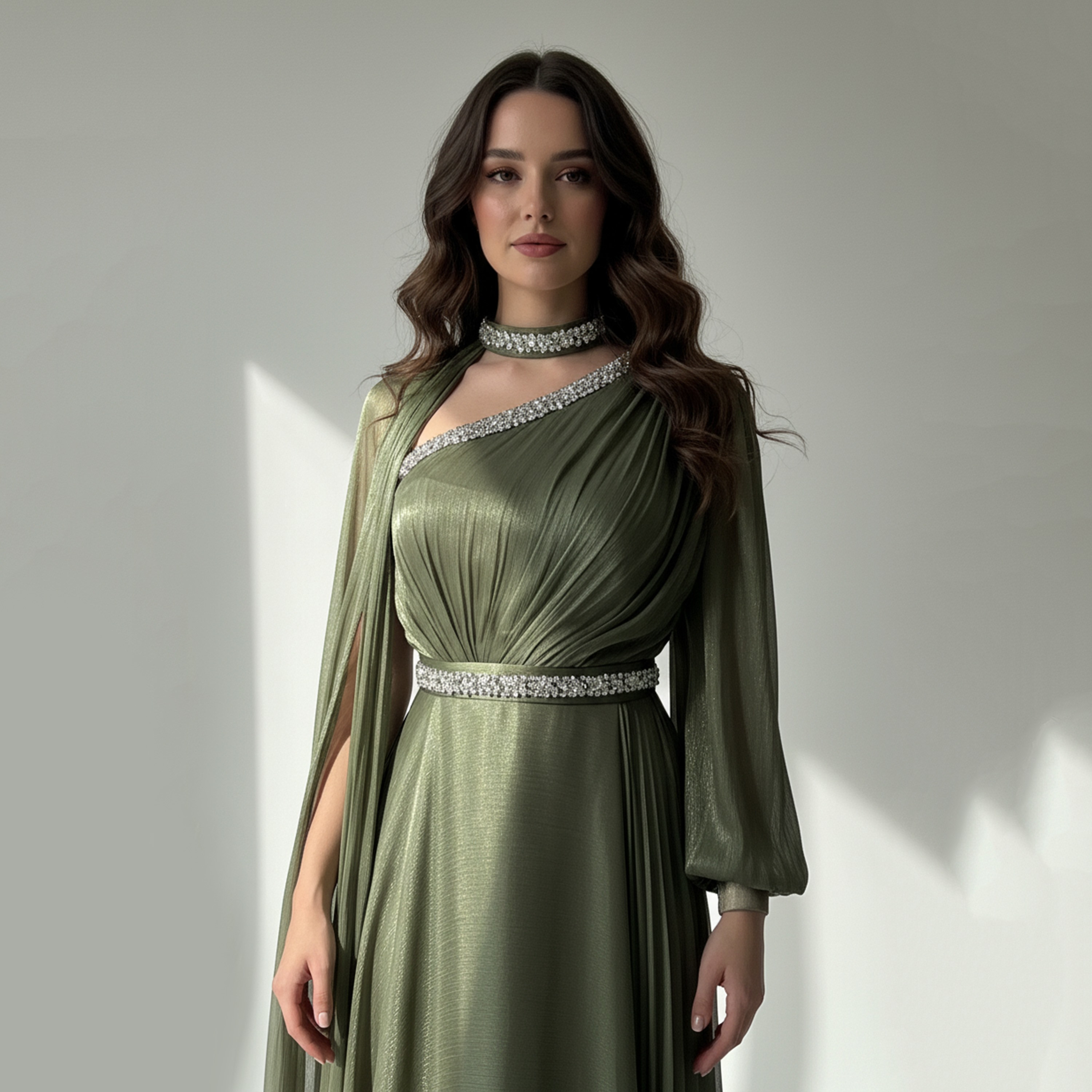 فستان سهرة ماكسي نسائي بكتف واحد مع كيب "أورجانزا" ومزين بخرز الكريستال من أكاديا-women-clothing-dresses-image-4