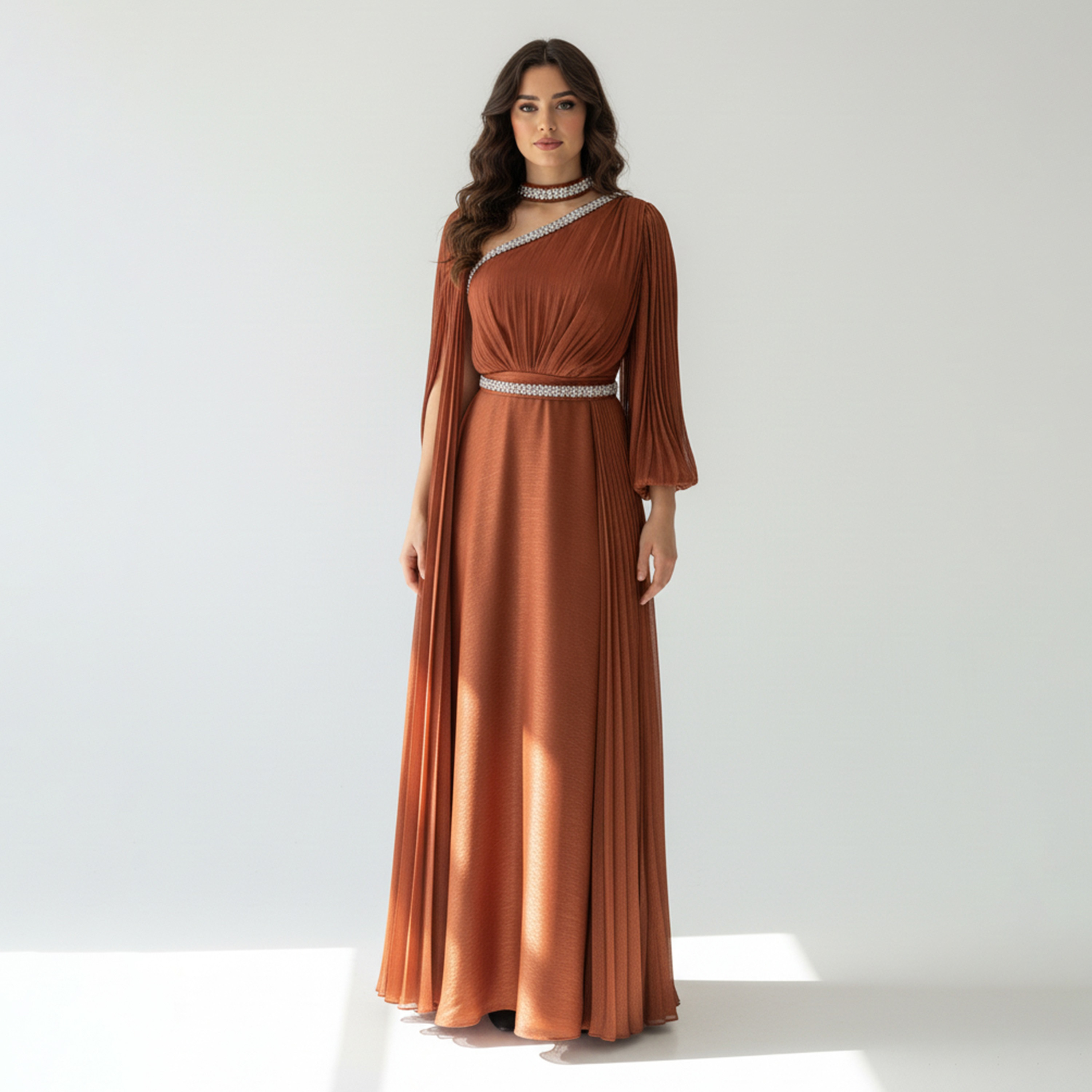 Akadia Crystal Beaded One Shoulder Organza Cape Women's Evening Maxi Dress-women-clothing-dresses-image-11