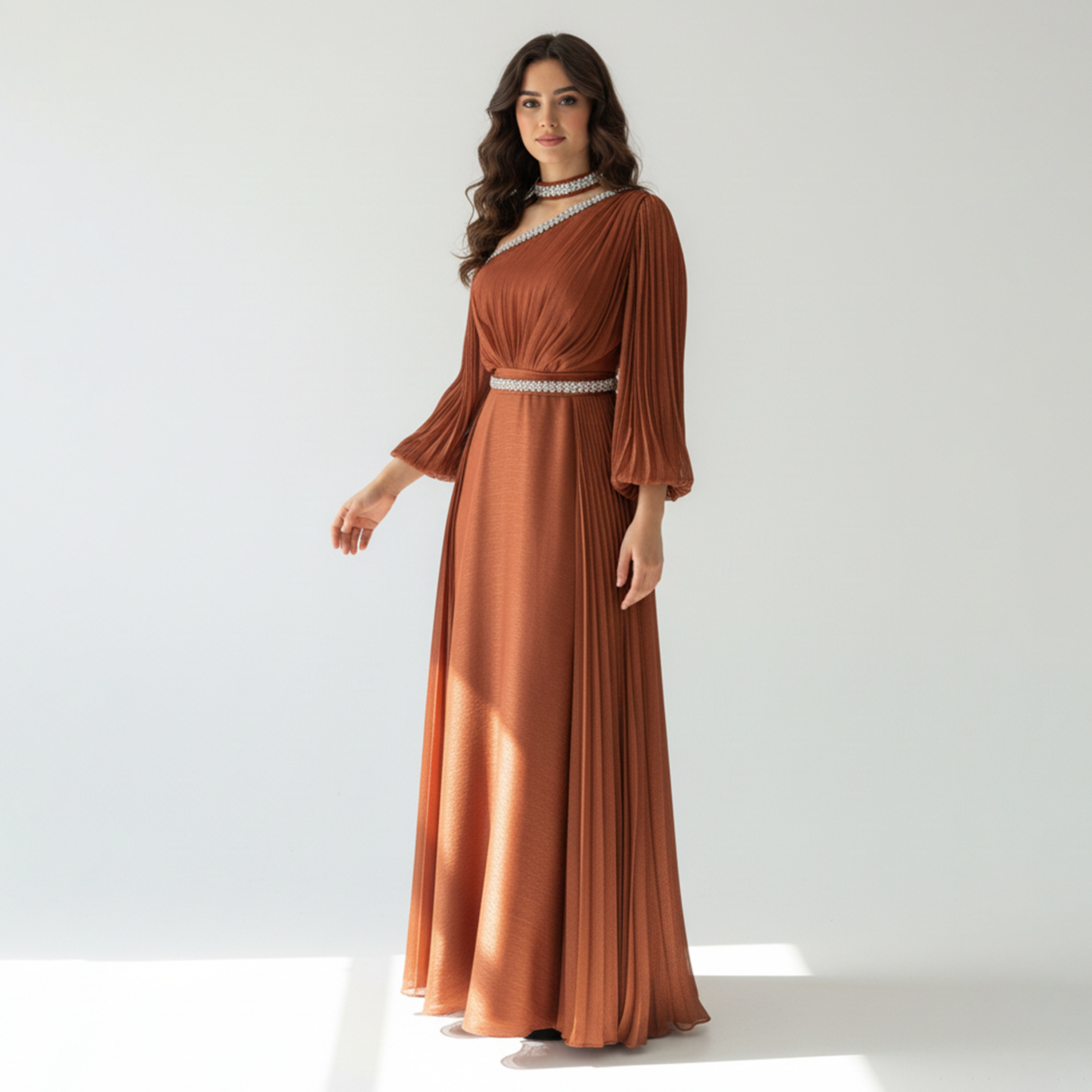 Akadia Crystal Beaded One Shoulder Organza Cape Women's Evening Maxi Dress-women-clothing-dresses-image-12