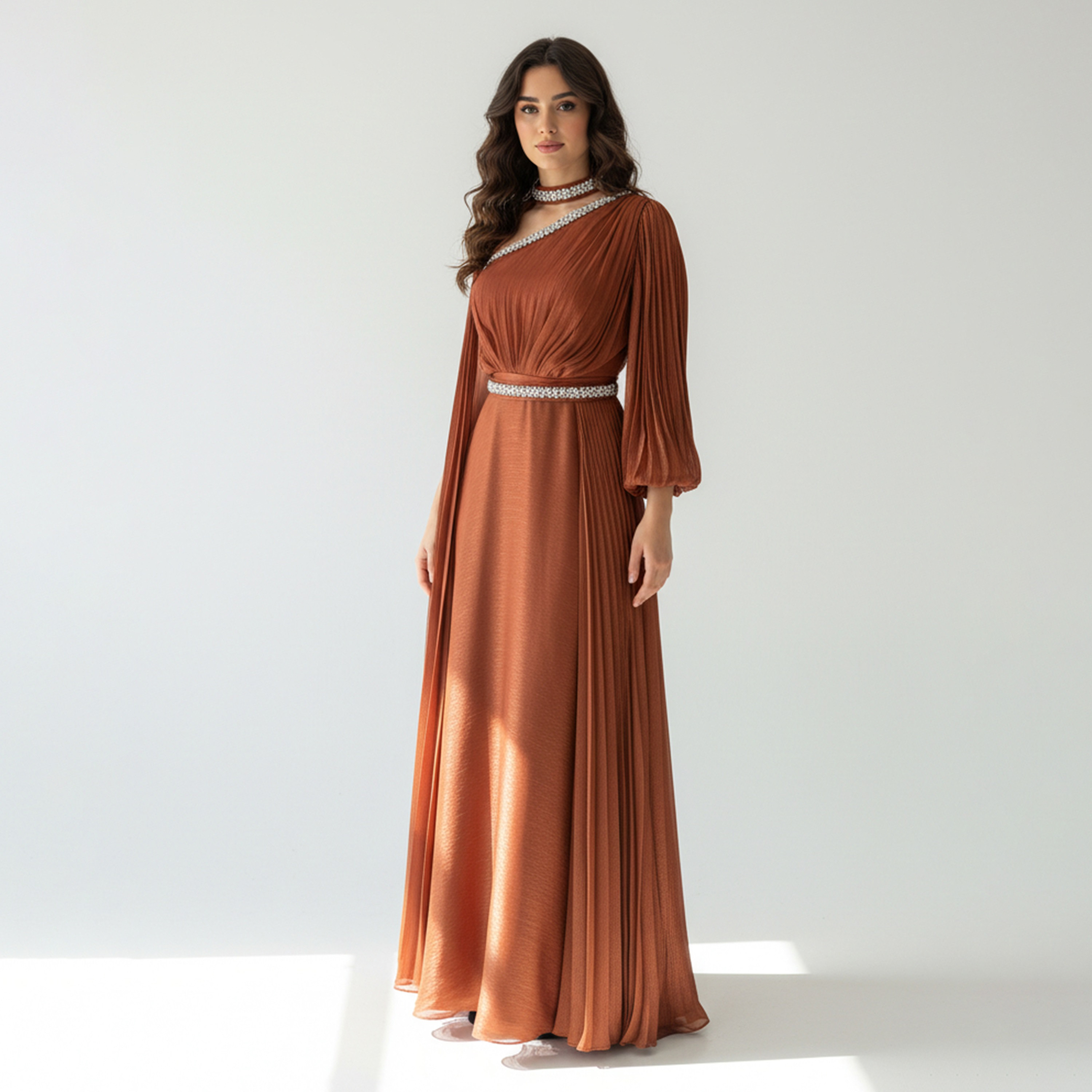 Akadia Crystal Beaded One Shoulder Organza Cape Women's Evening Maxi Dress-women-clothing-dresses-image-13
