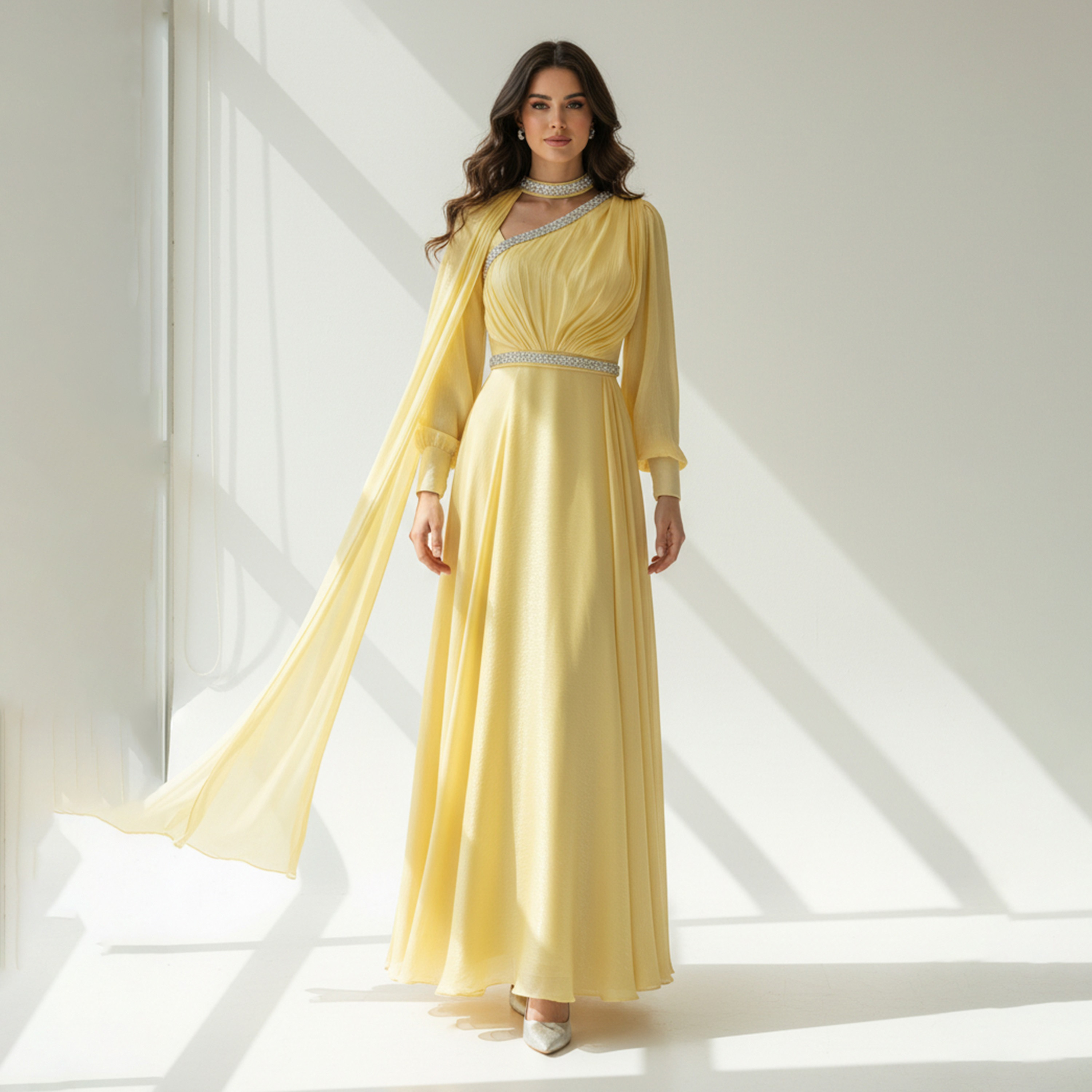 Akadia Crystal Beaded One Shoulder Organza Cape Women's Evening Maxi Dress-women-clothing-dresses-image-4